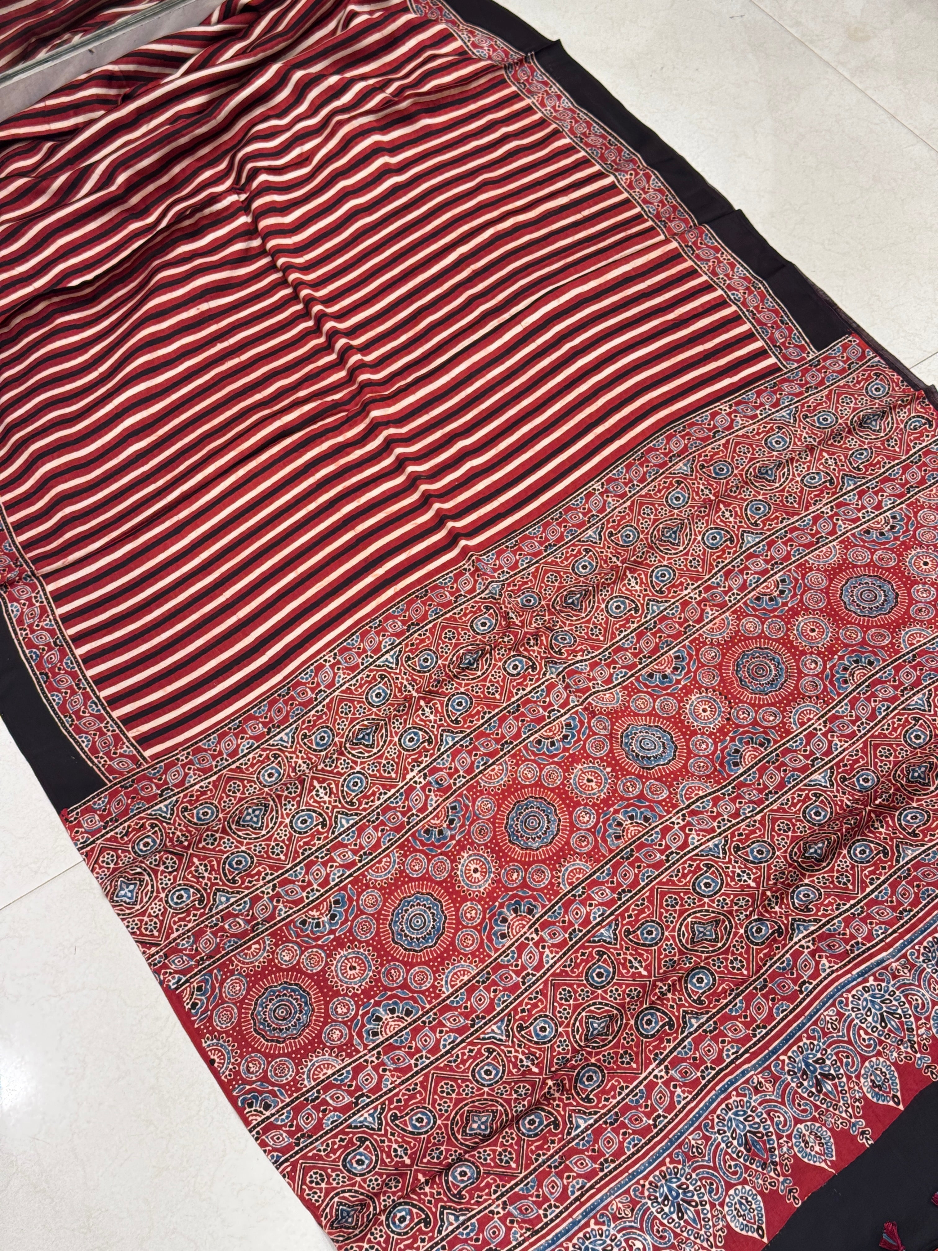 Red White Contemporary Hand Block Print Ajrkah Pure Gajji Silk Saree