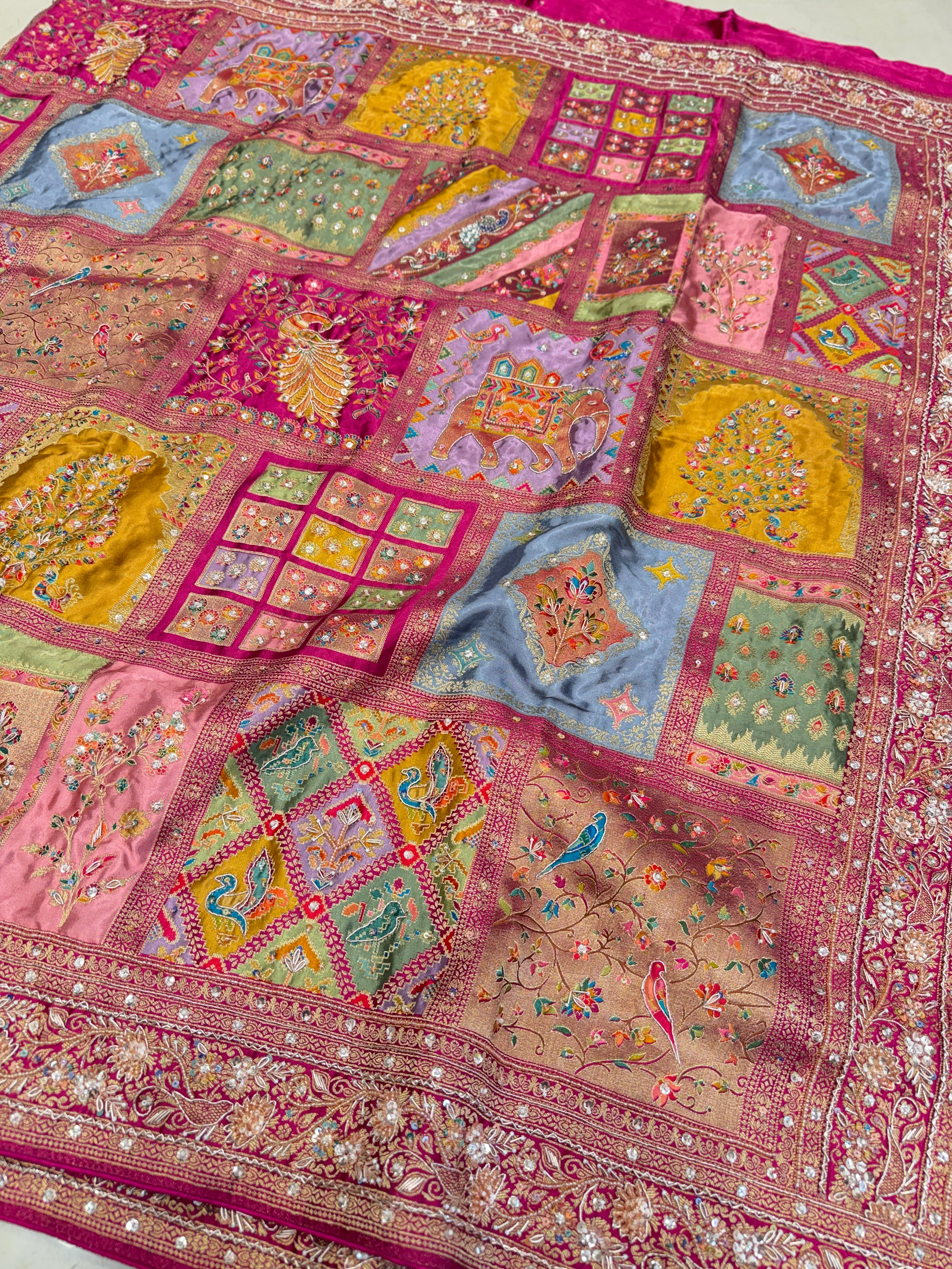 Multi Colour Modal Banarasi Rangkat Moti Sequin Hand Embroidery Saree