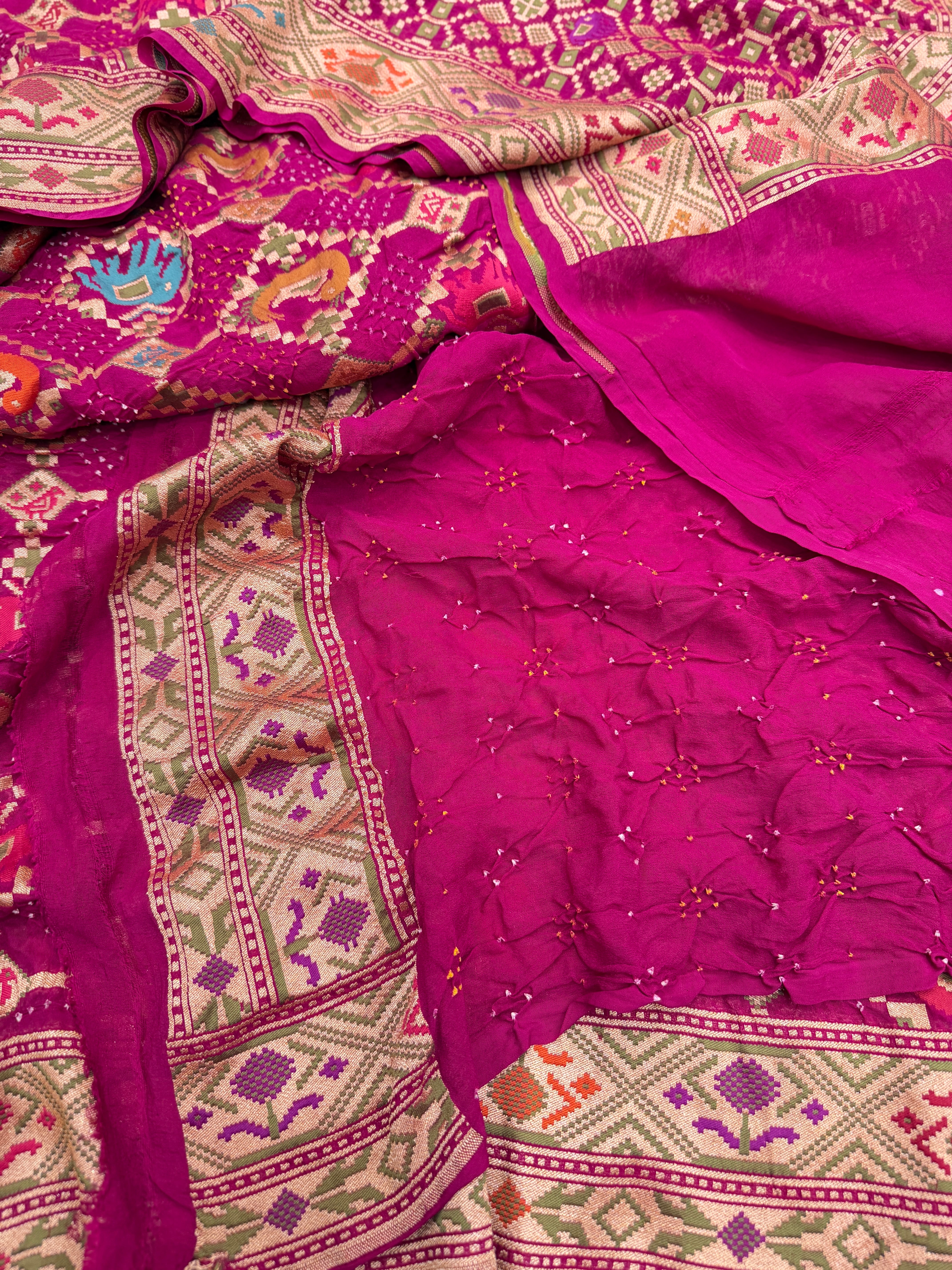 Wine Meenakari Pure Handloom Patola Style Rai Bandhej Georgette Saree