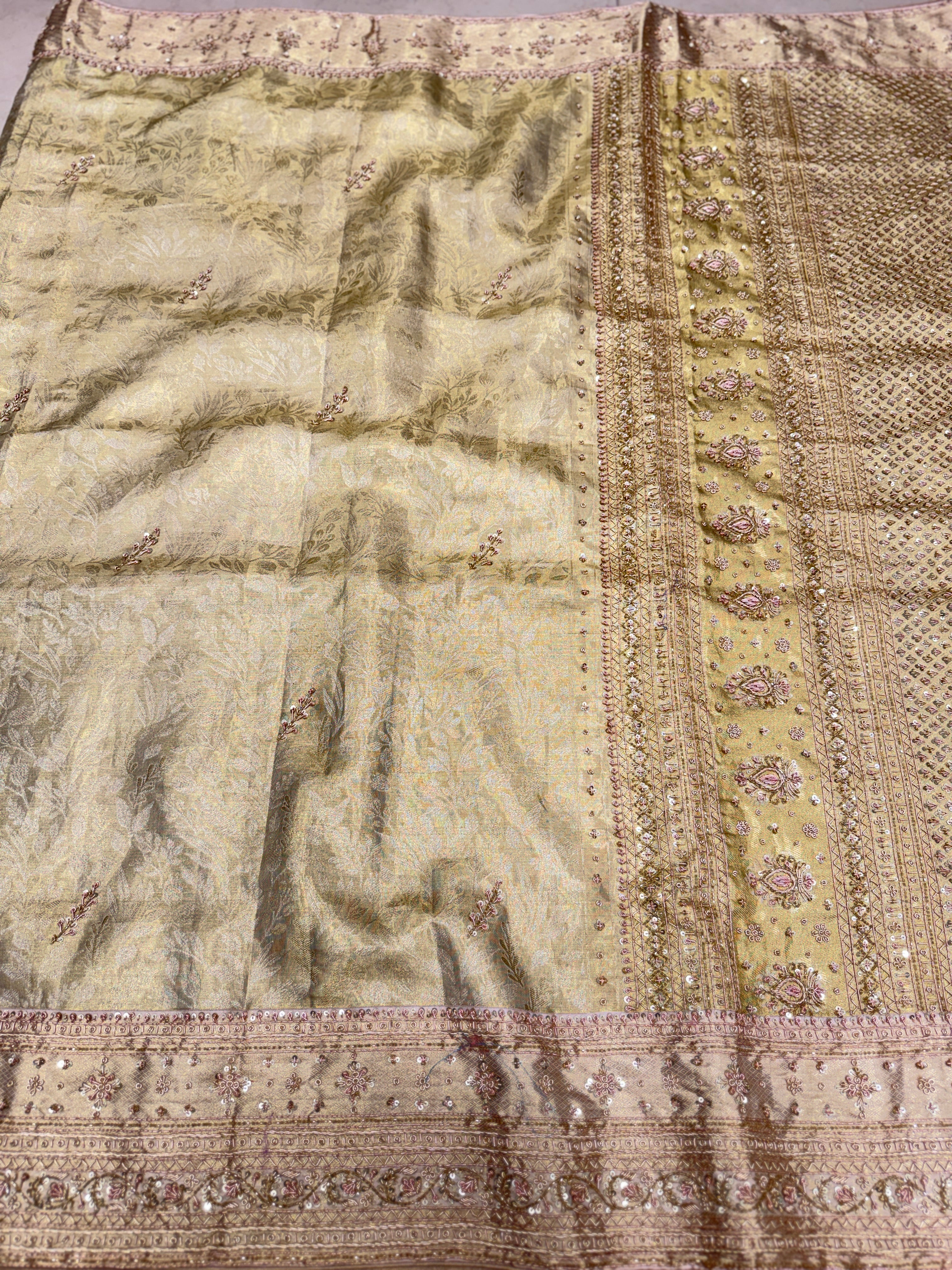 Beige Gold Tissue Kanjivaram Zardosi Hand Embroidery Saree