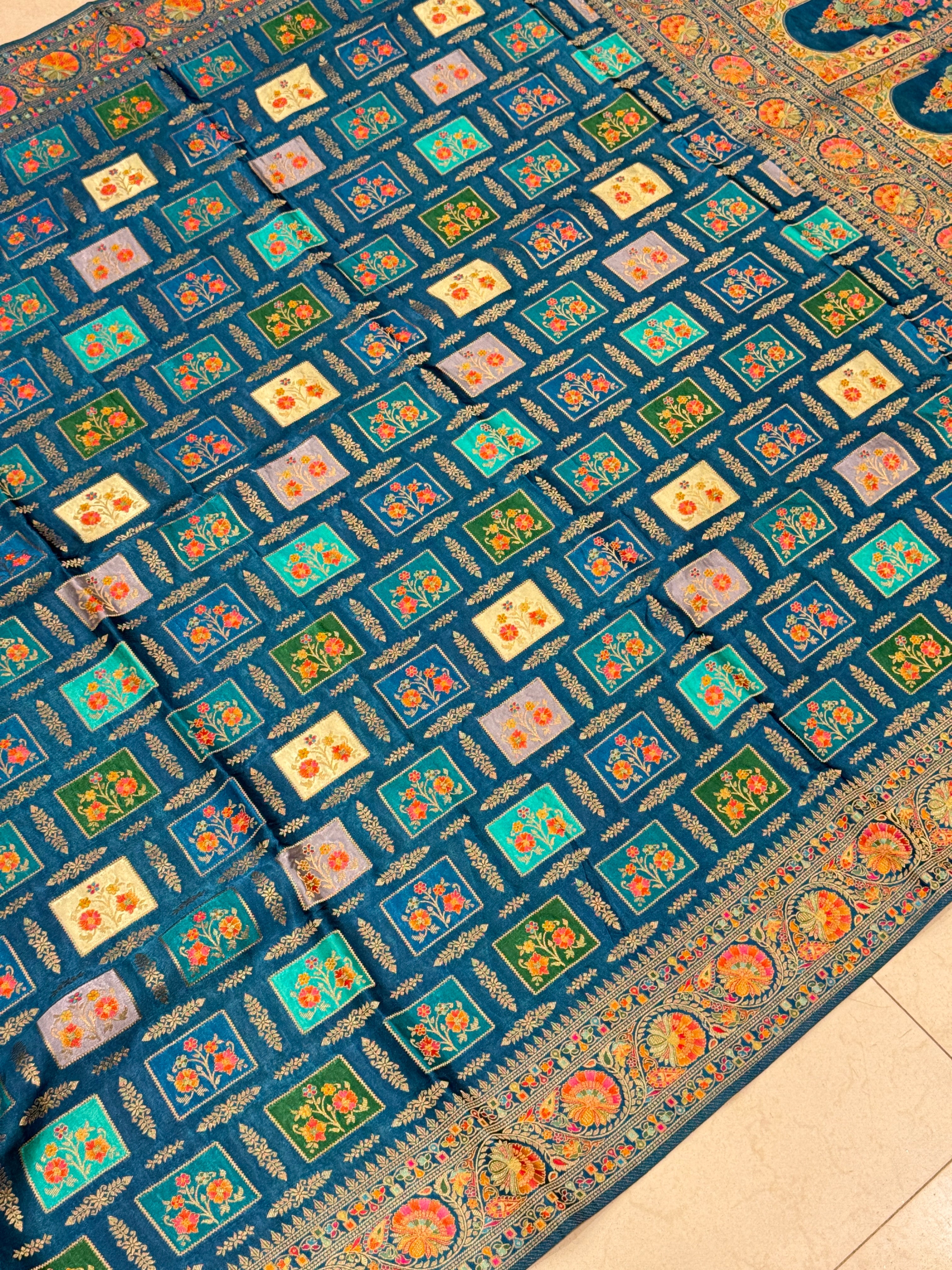 Rama Blue Box Check Banarasi Modal Satin Rangkat Saree
