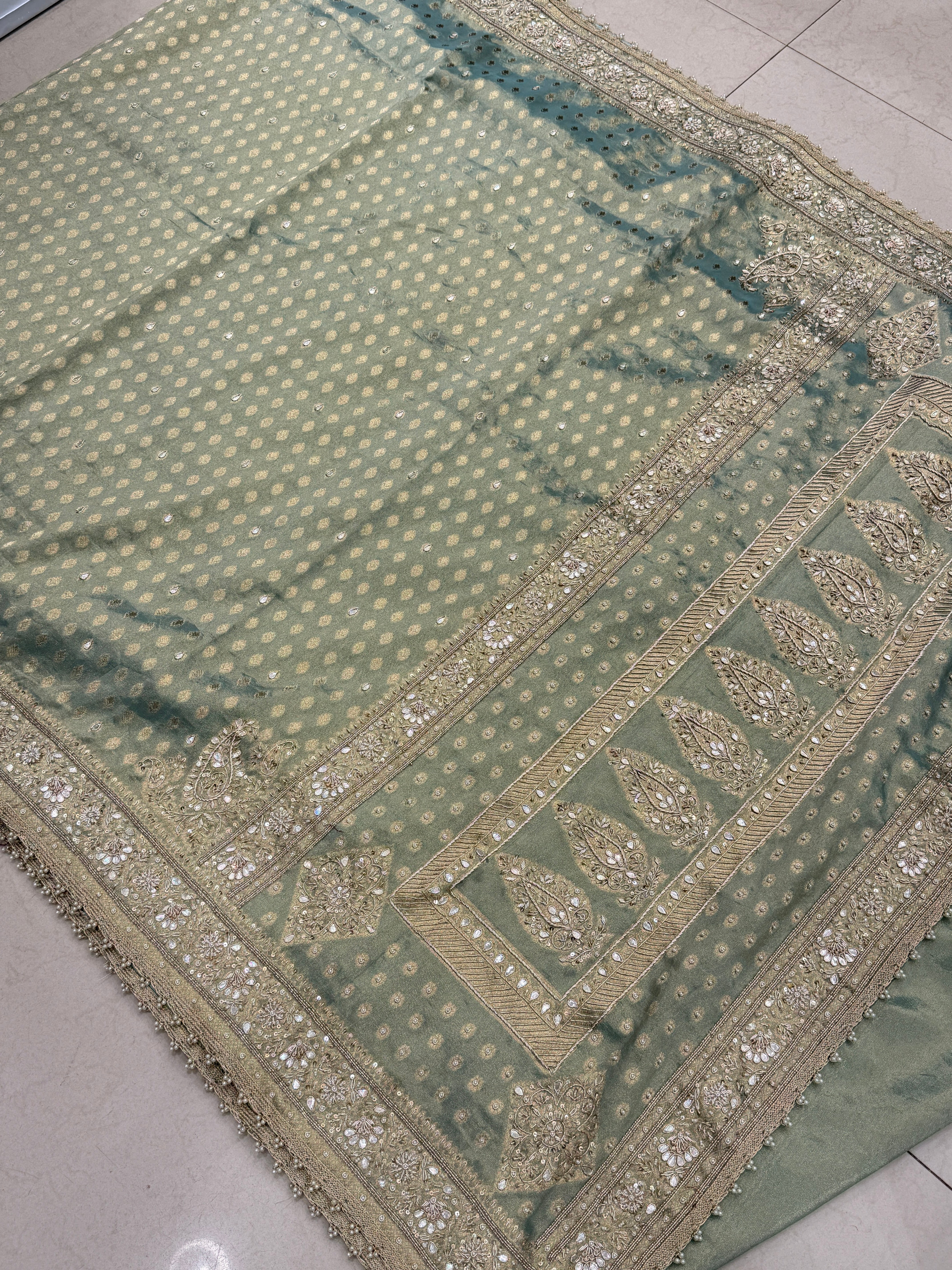 Sea Green Tissue Banarasi Buttis Zardosi Embroidery Saree