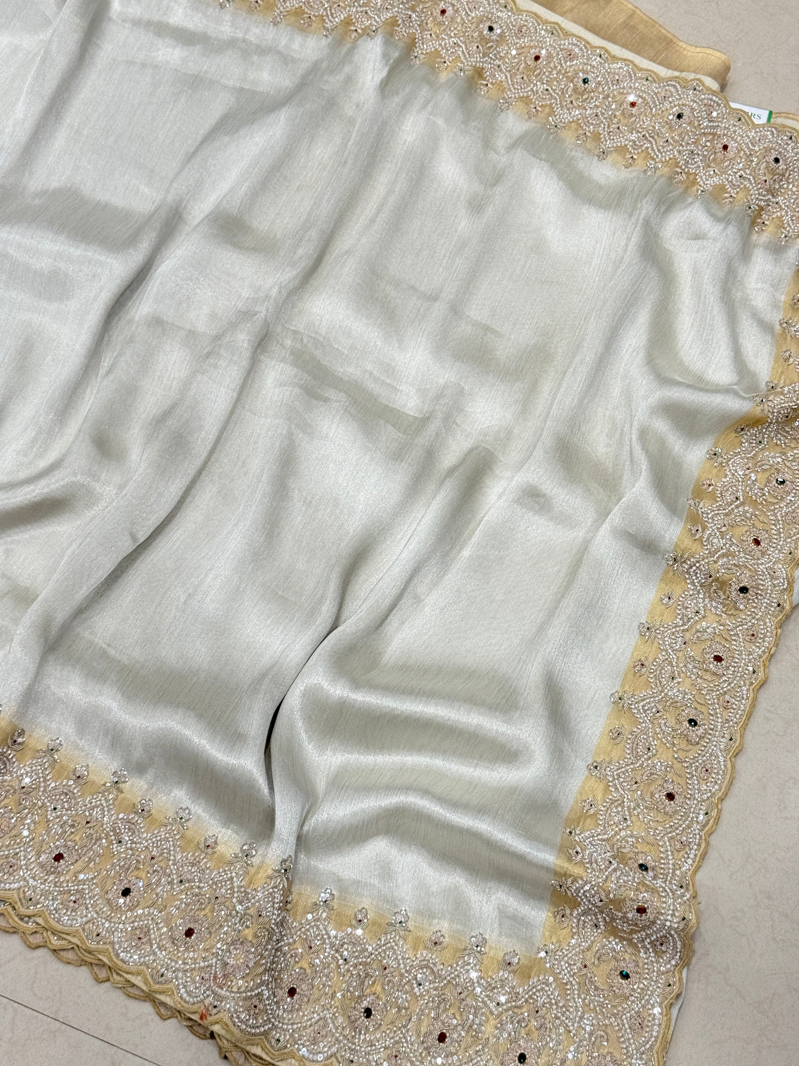 Silver Gold Tissue Hand Embroidery Crystal Embroidery Saree