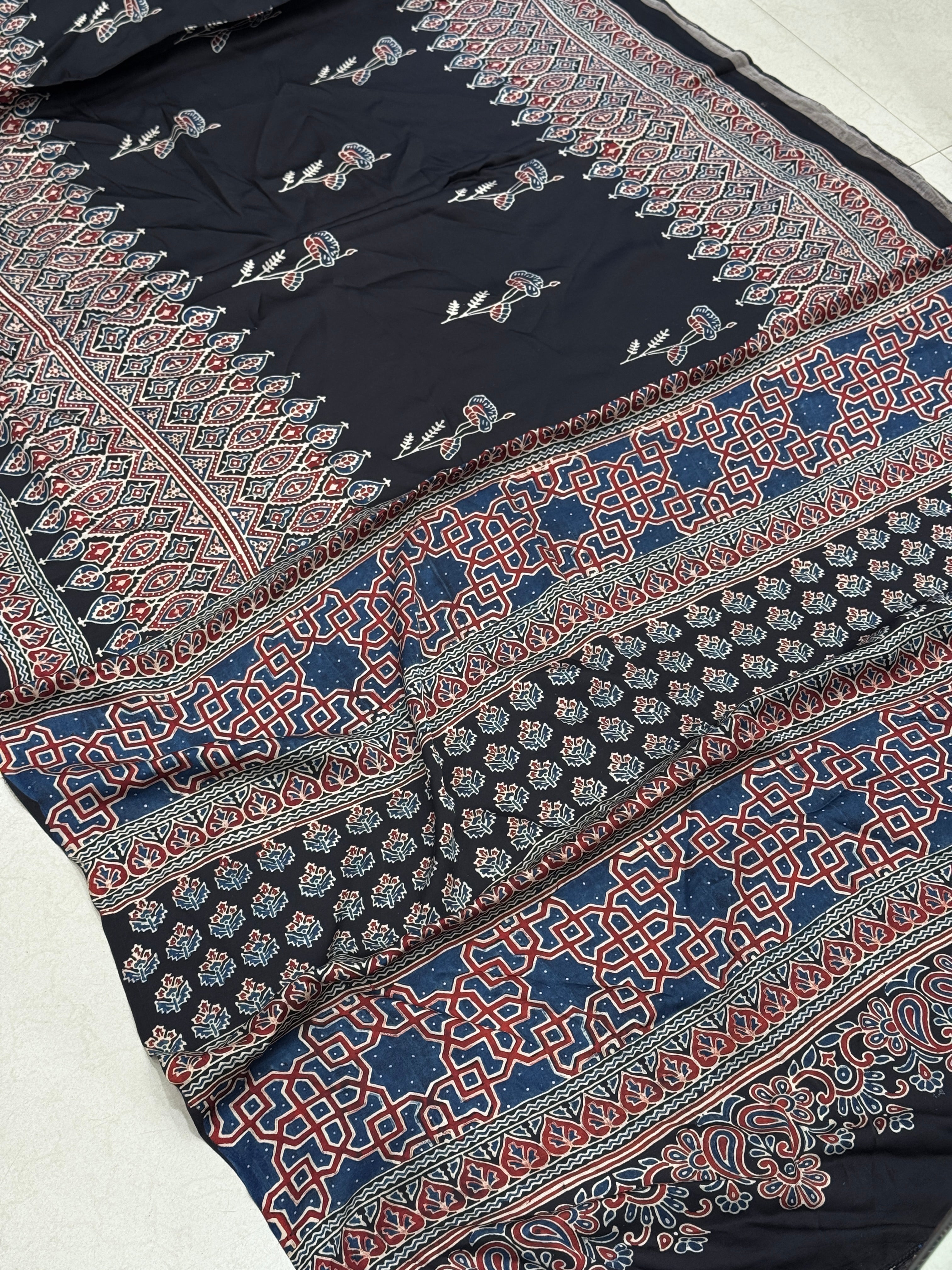 Black Contemporary Ajrakh Hand Block Print Pure Gajji Silk Saree