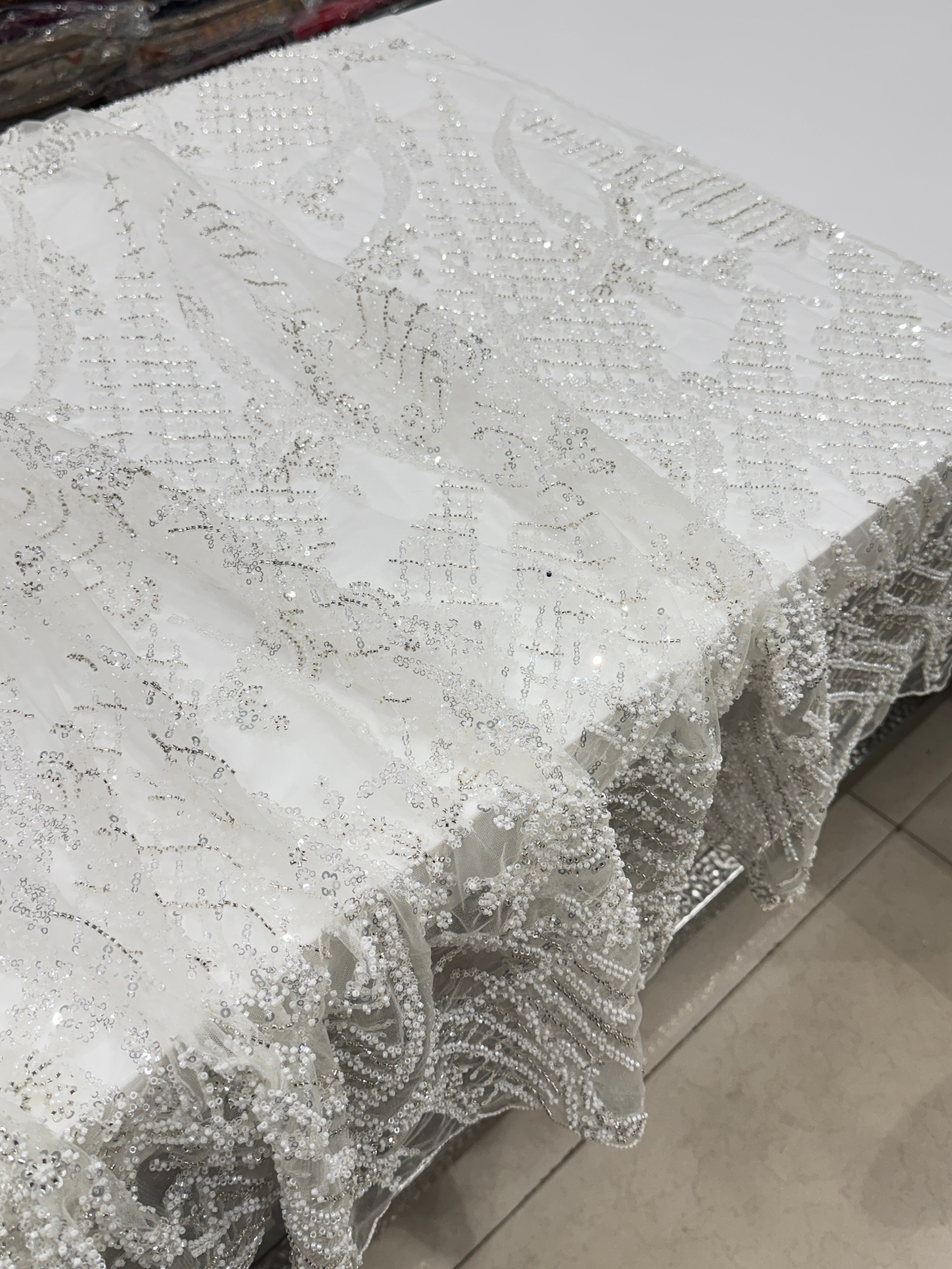 White Net Embroidery Moti Cutdana Soft Saree