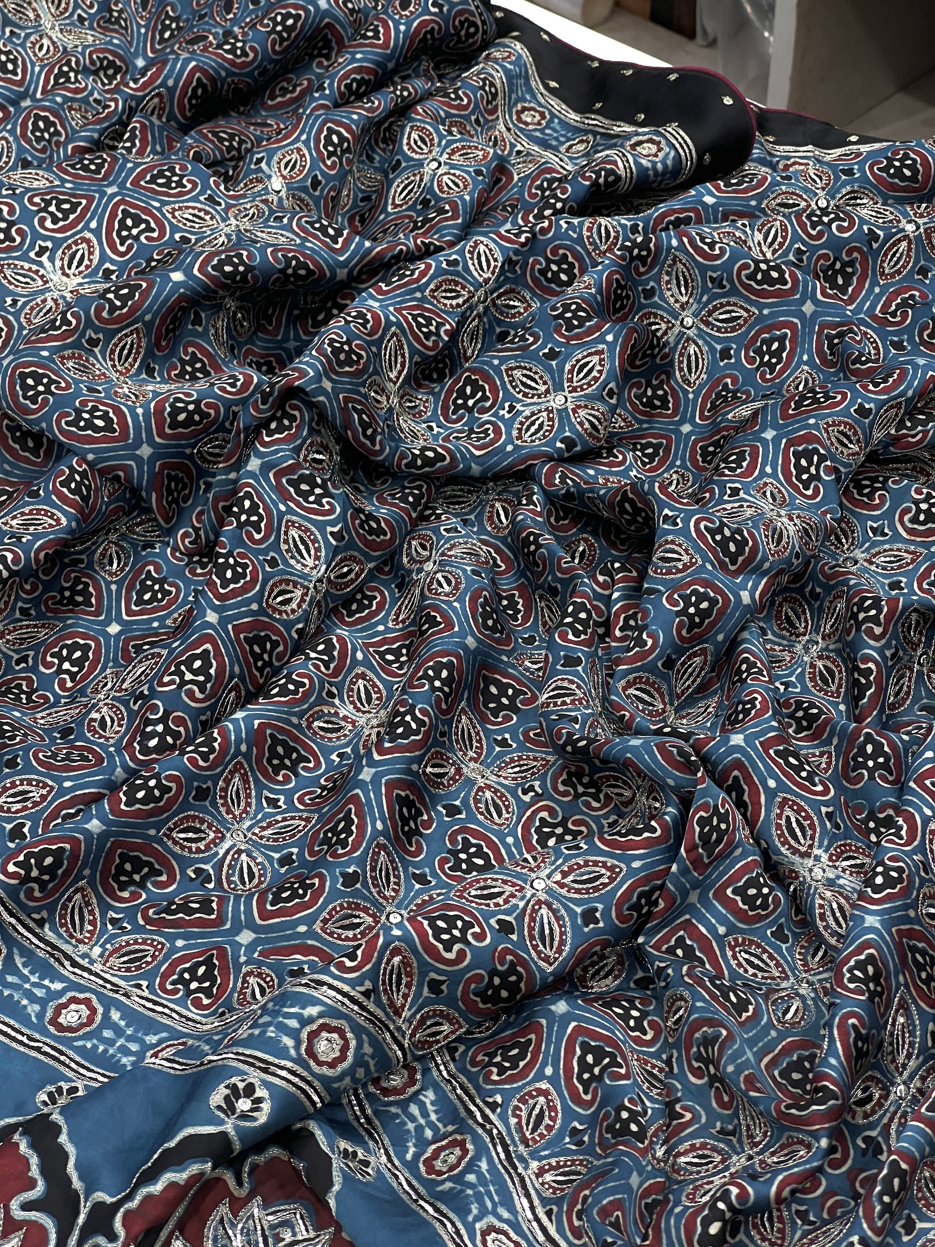 Ajrakh Blue Pita Hand Embroidery Saree