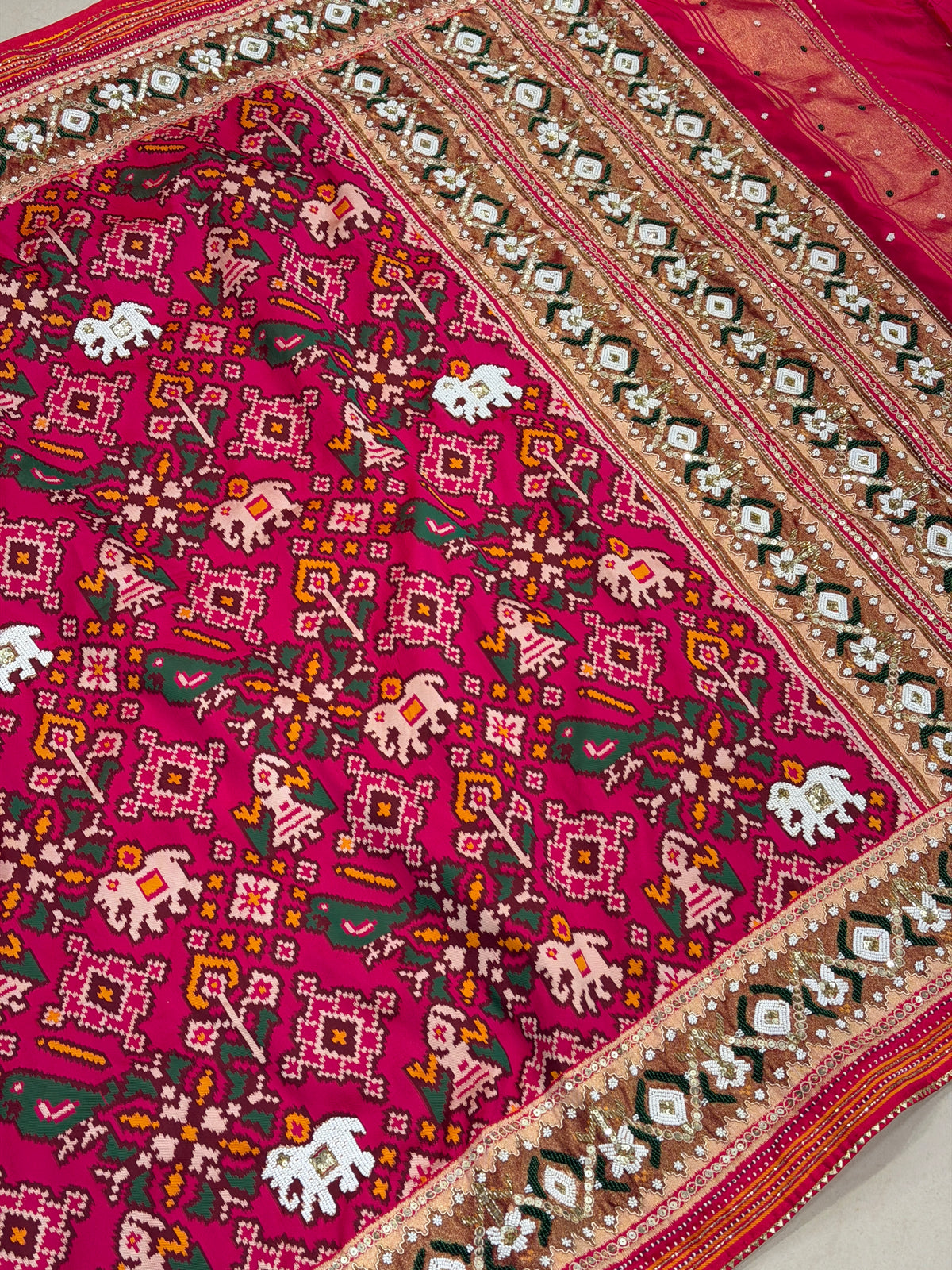 Rani Pink Semi Silk Patola Kidiya Moti Hand Embroidery Saree