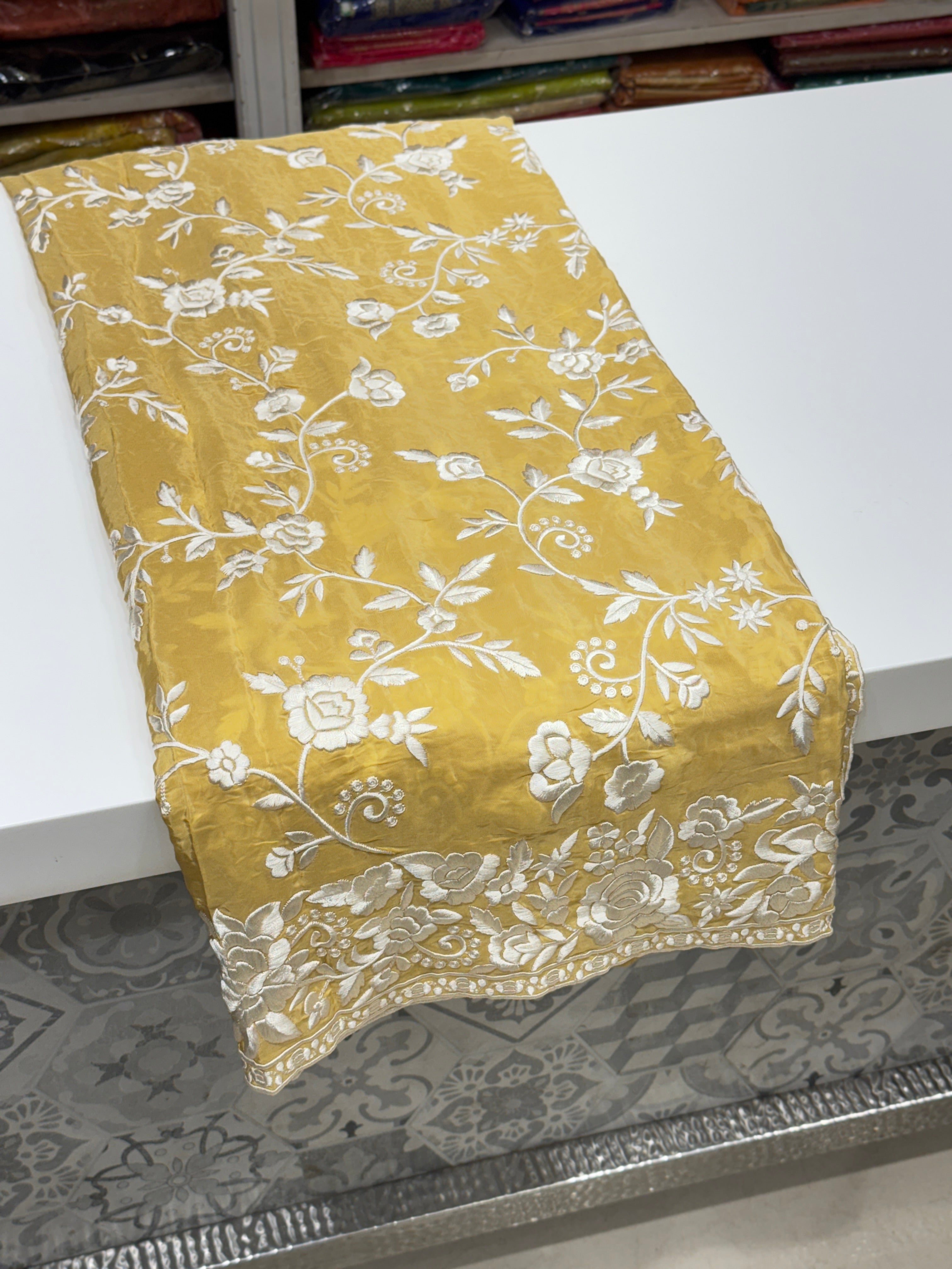 Yellow Crepe Floral Parsi Gara Saree