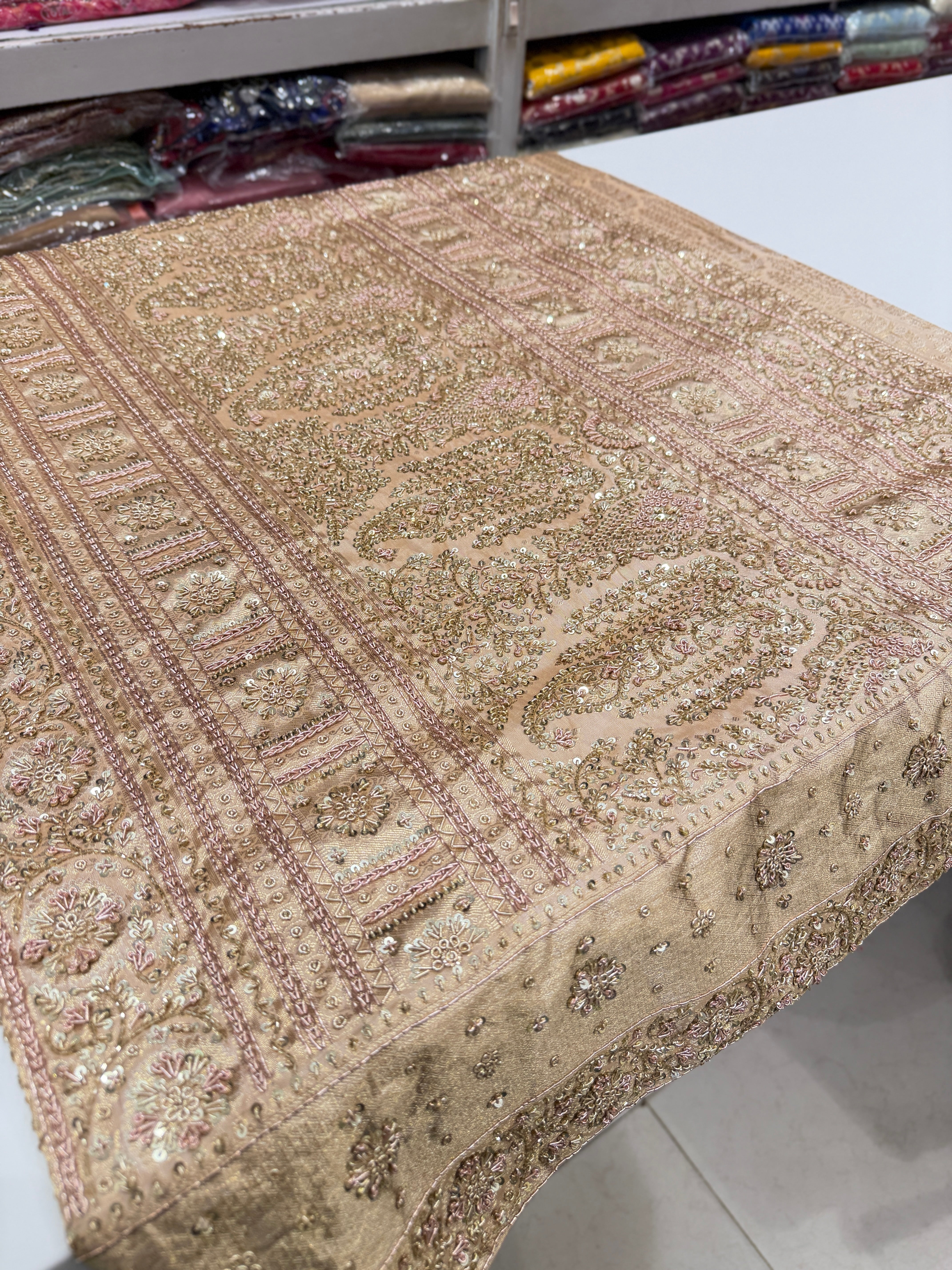 Beige Gold Crown Jaal Kanjivaram Zardosi Hand Embroidery Saree