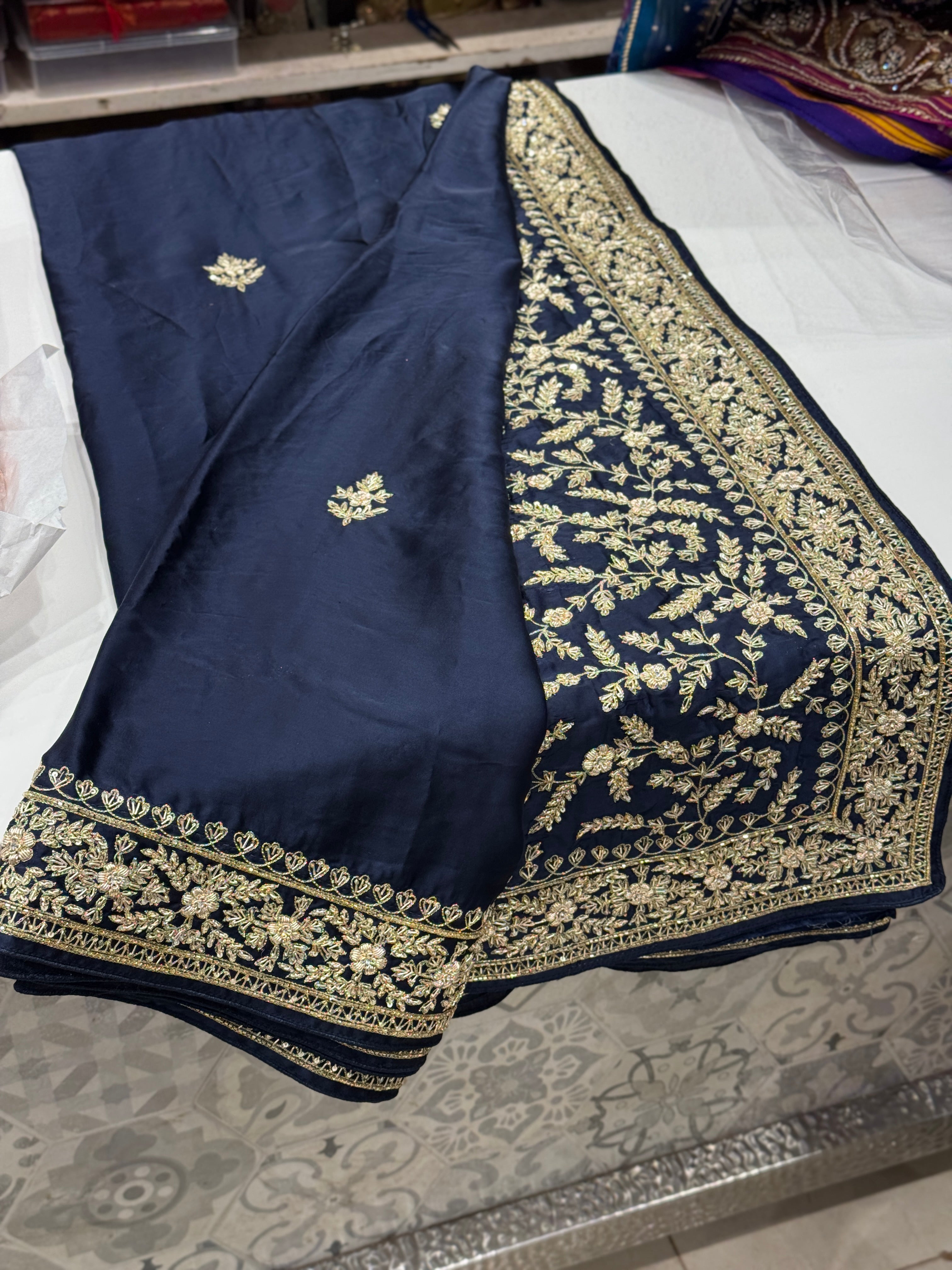 Blue Border Pan Butti Satin Hand Embroidered Zardosi Saree