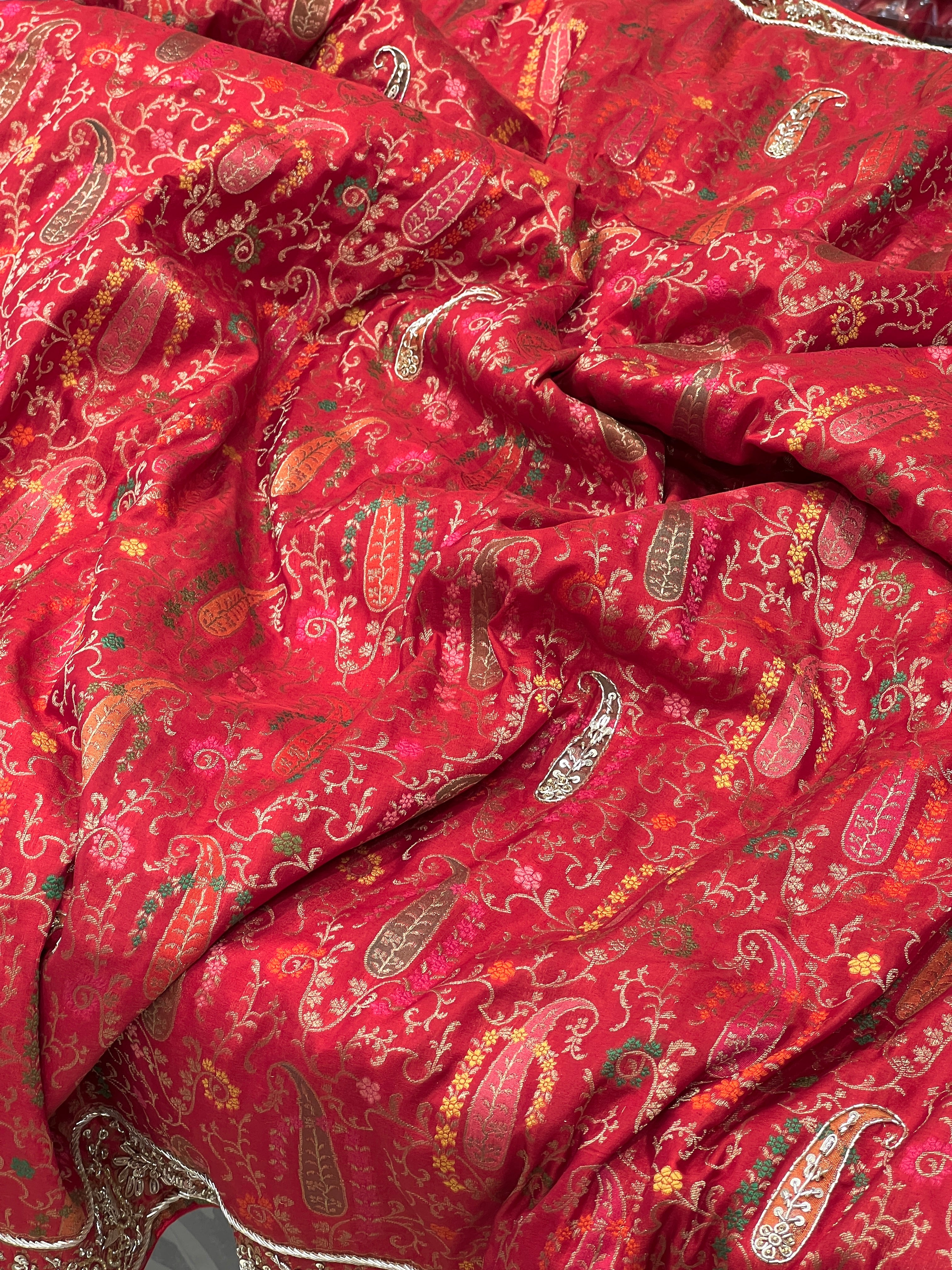 Red Meenakari Katan Hand Embroidered Zardozi Saree