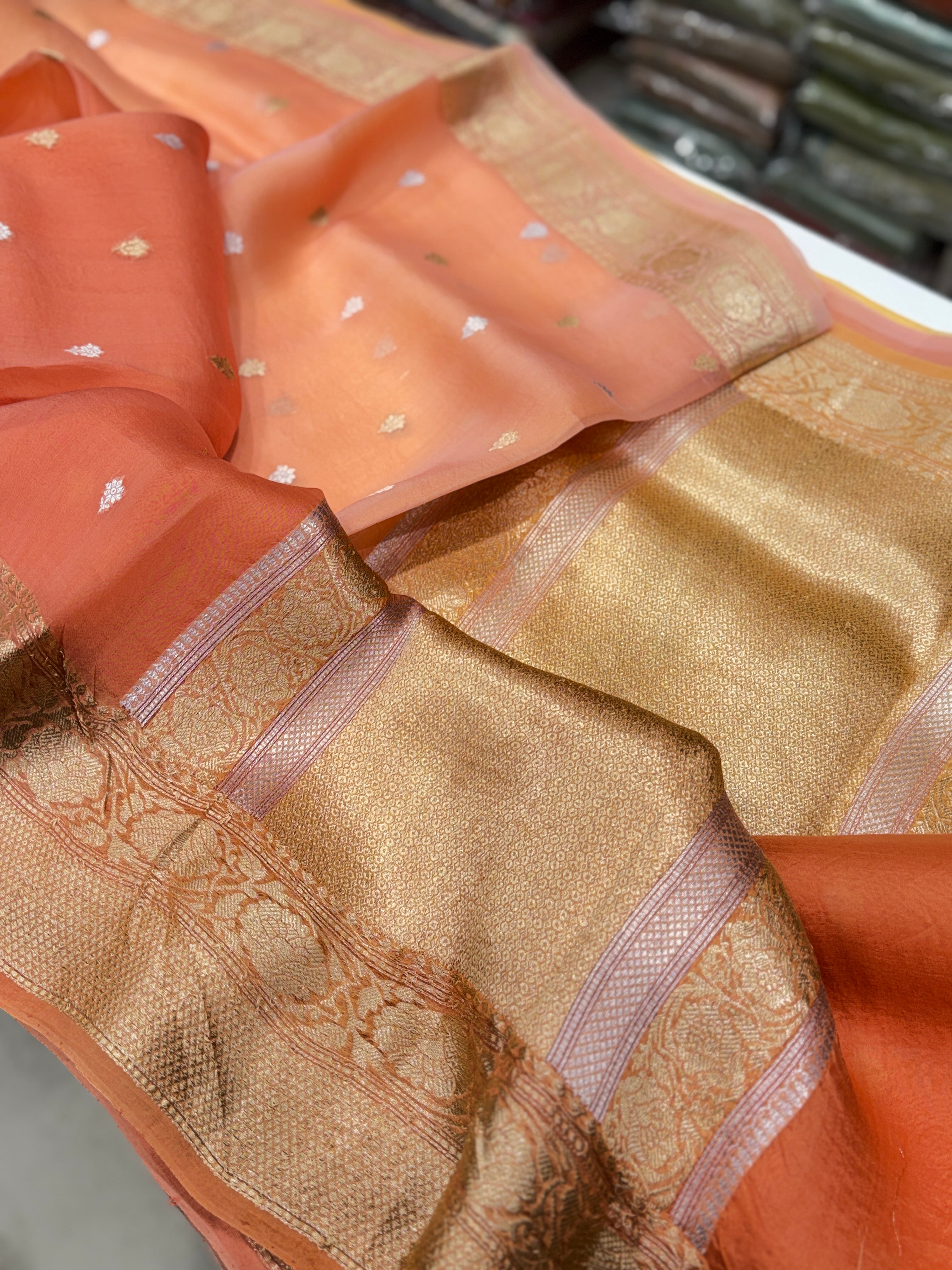 Orange Shaded Buttis Banarasi Handloom Kora Saree
