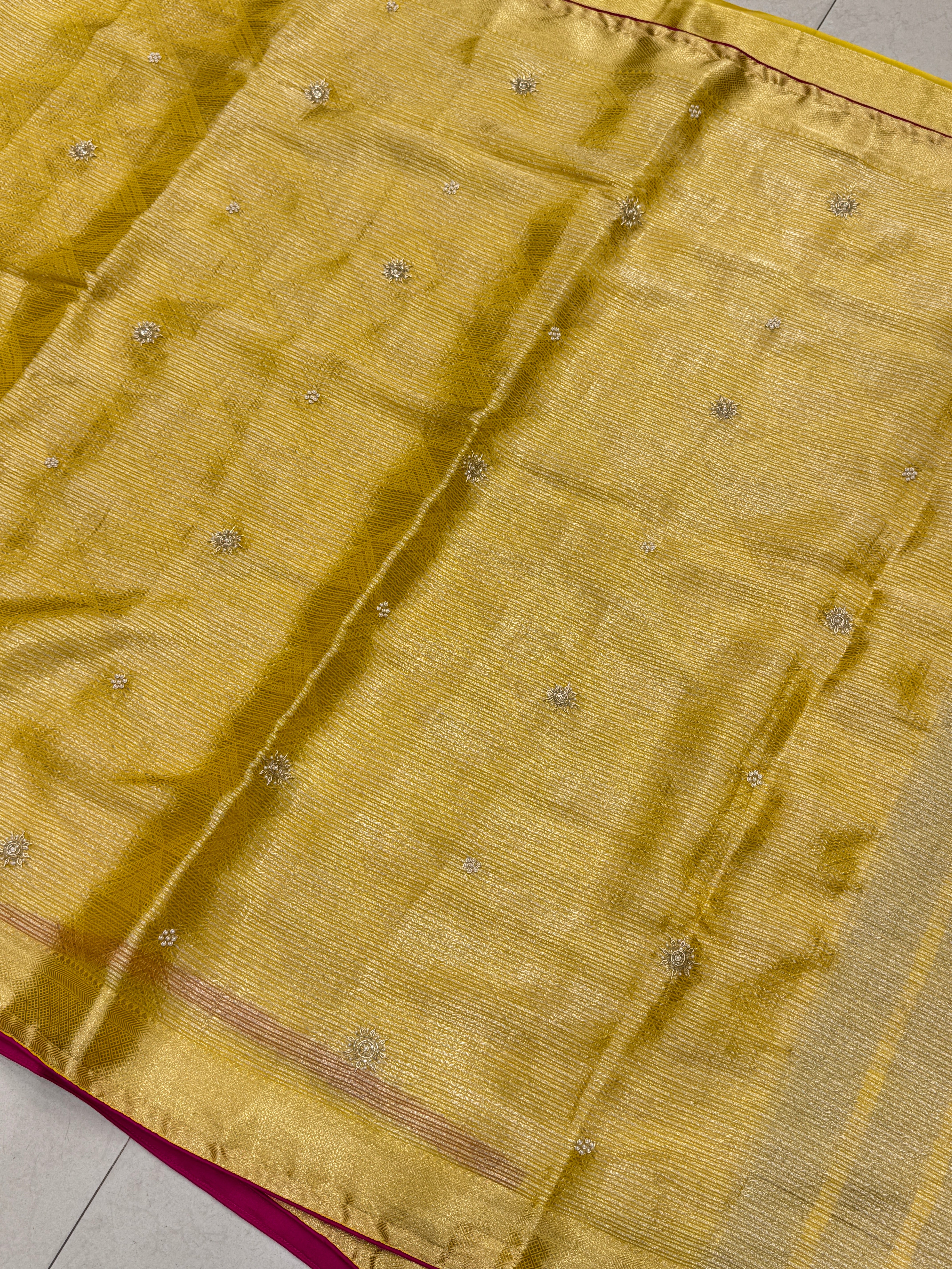 Yellow HO Silk Woven Sitara Buttis Saree With Contrast Rani Blouse