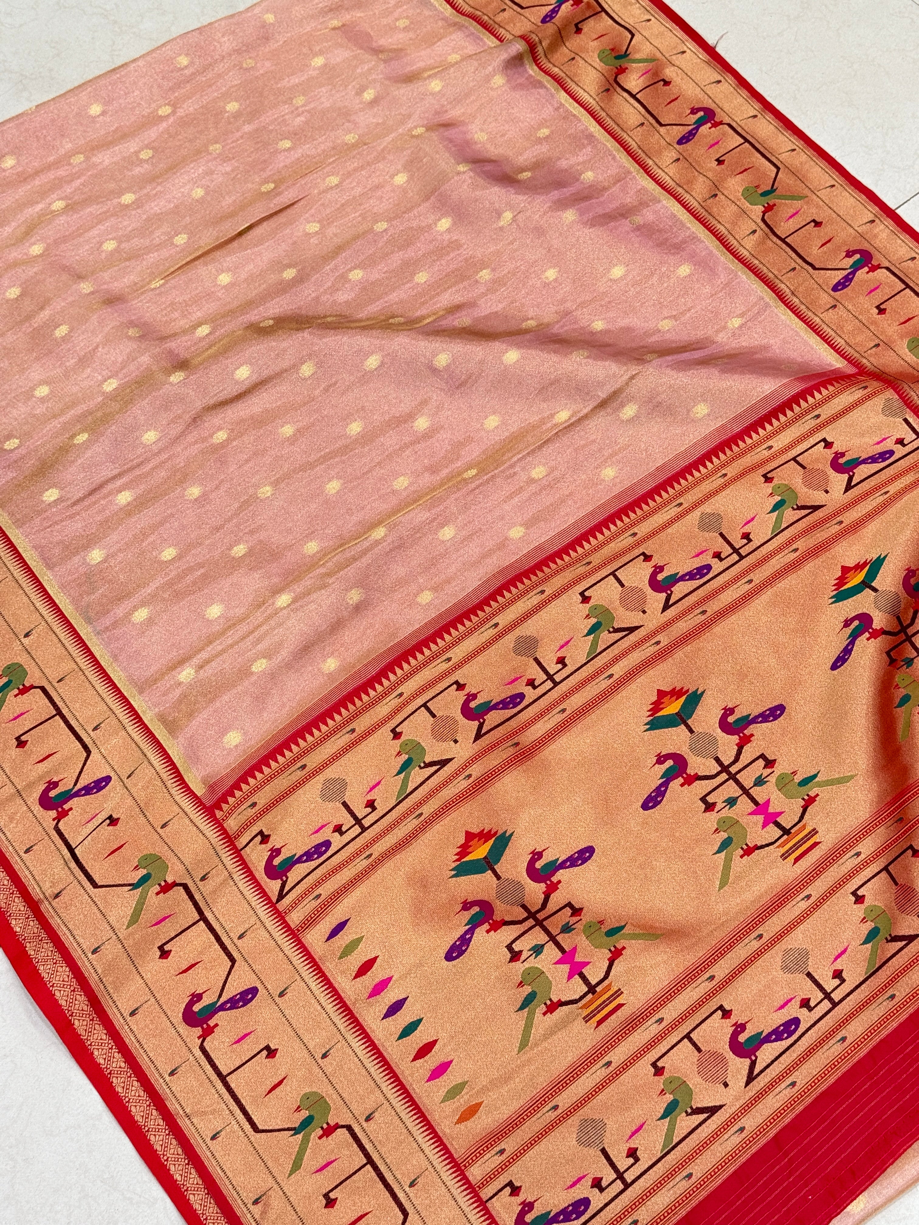 Pink Tissue Paithani Peacock Parrot Border Saree