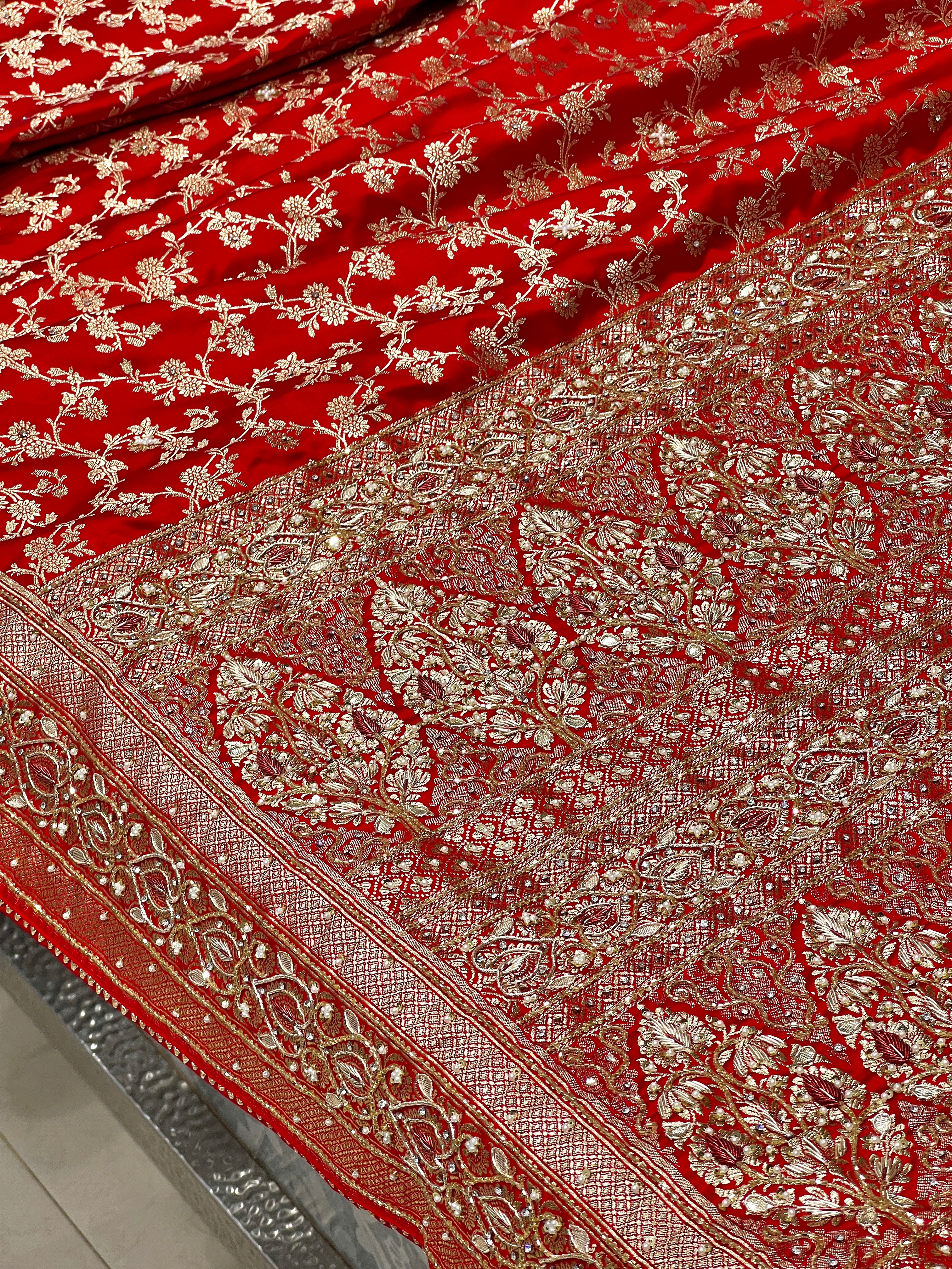 Red Banarasi Silk Jaal Zardosi Hand Embroidery Saree