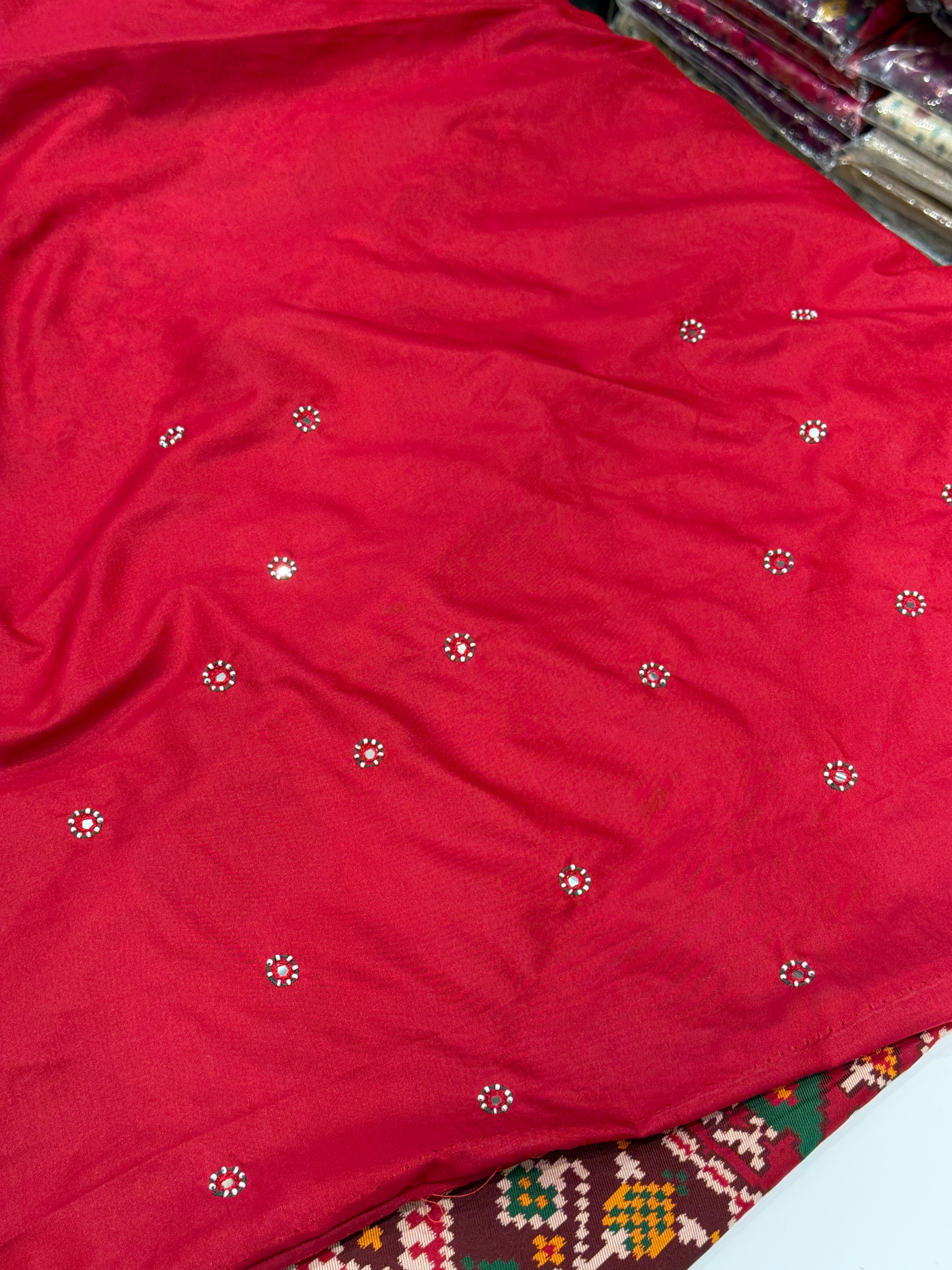 Red Nari Kunjar Bhat Patola Kidiya Moti Hand Embroidery Saree