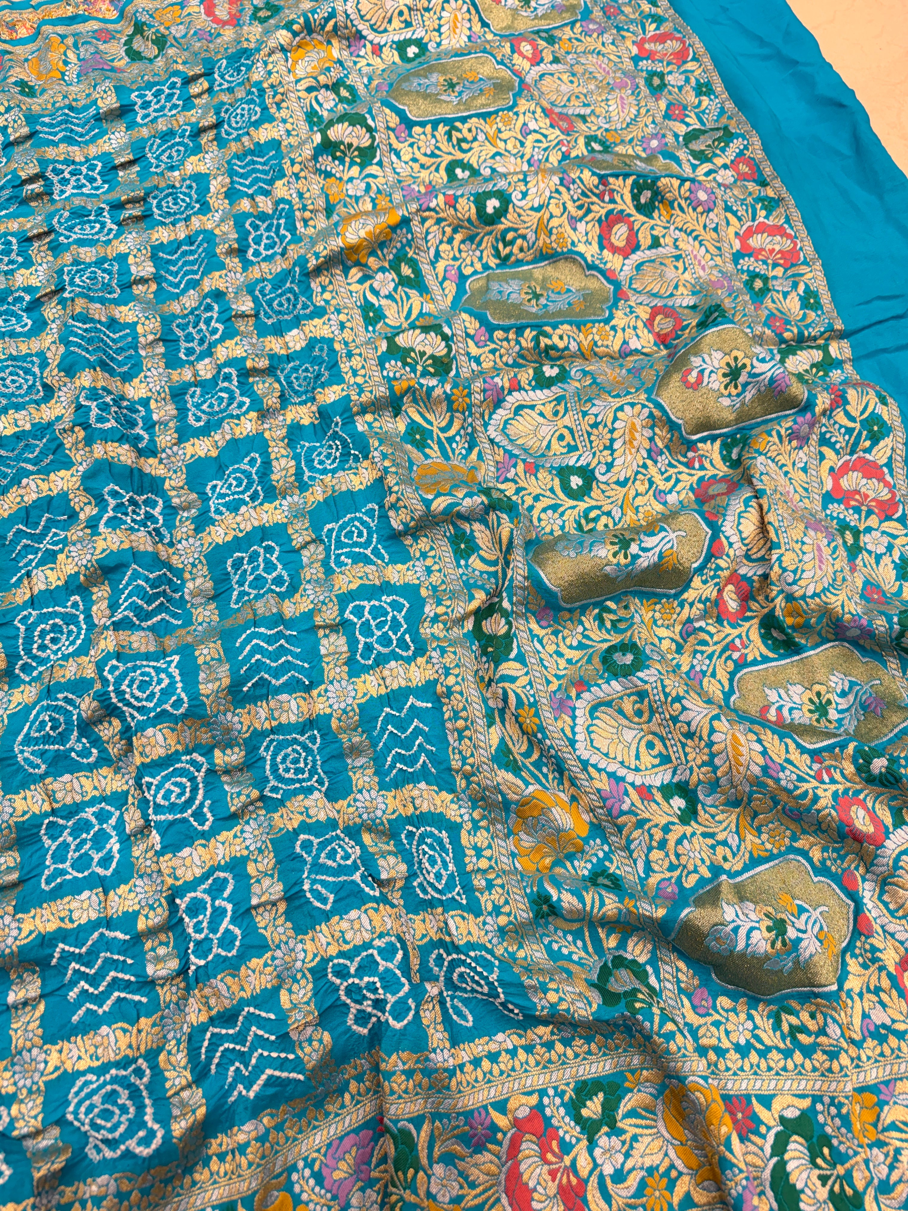 Blue Meenakari Border Gharchola Style Pure Handloom Bandhej Georgette Saree