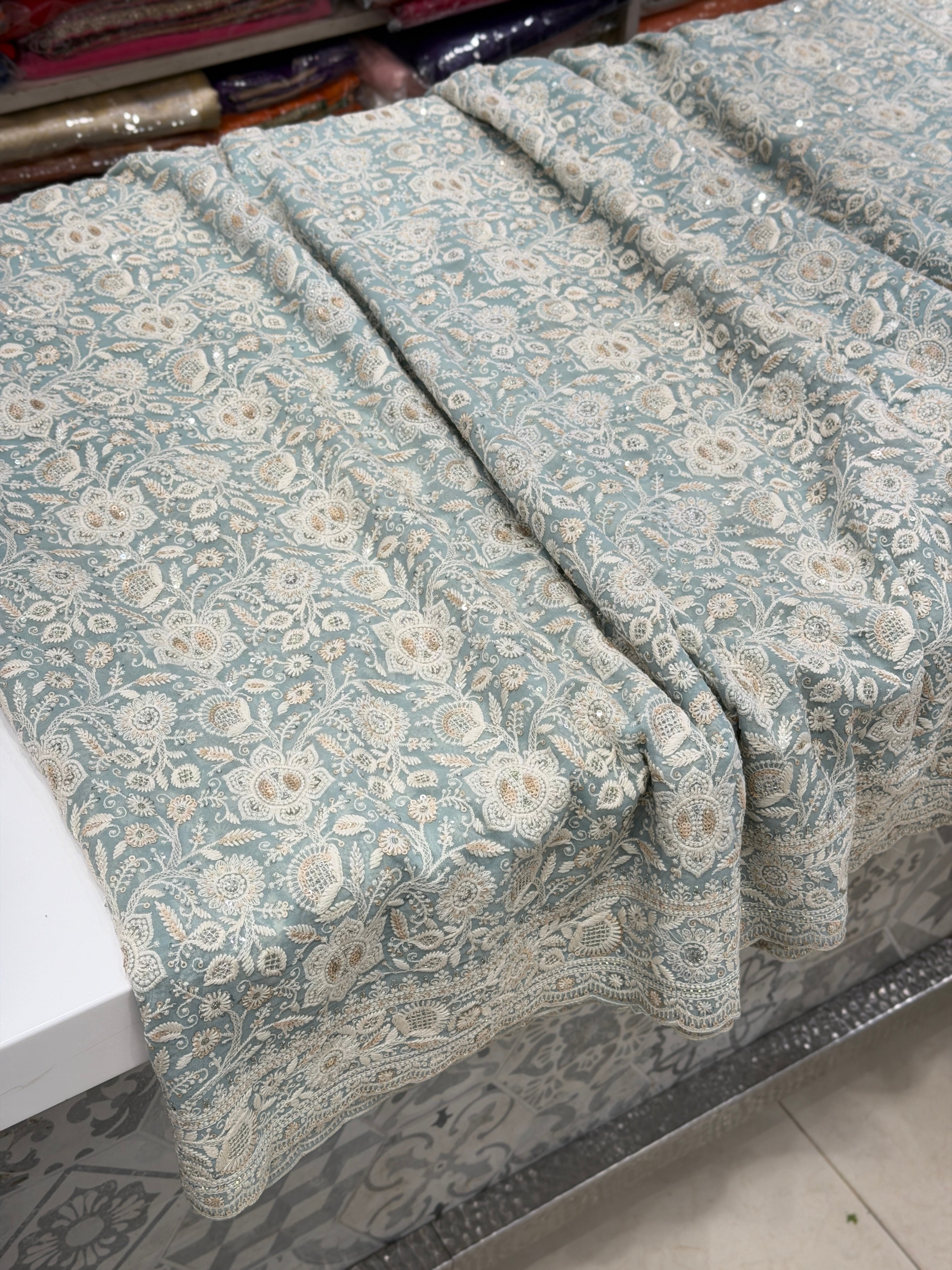 Sea Green Chikankari Georgette Small Scallop Design Saree