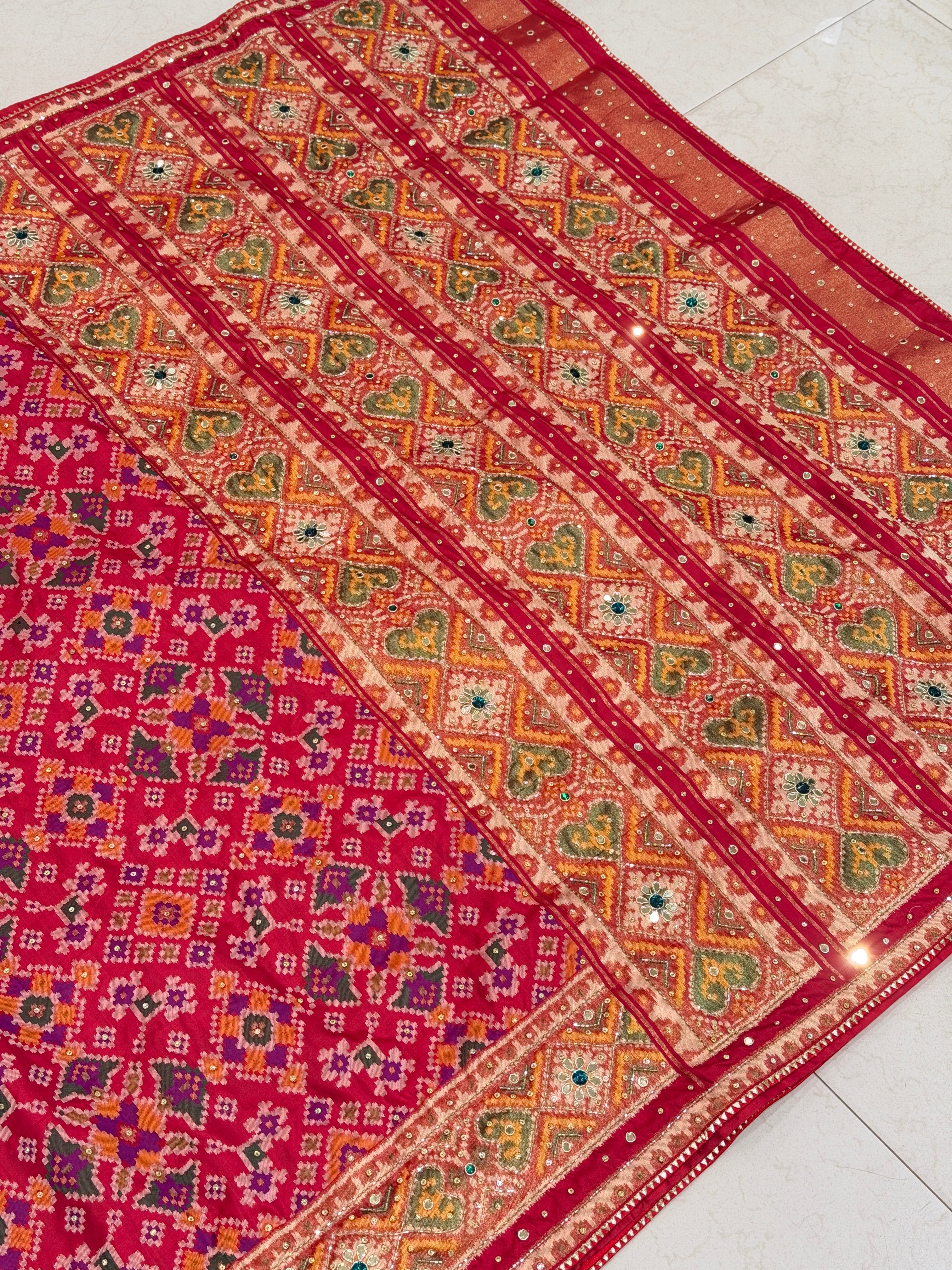 Red Patola Crystal Hand Embroidery Saree