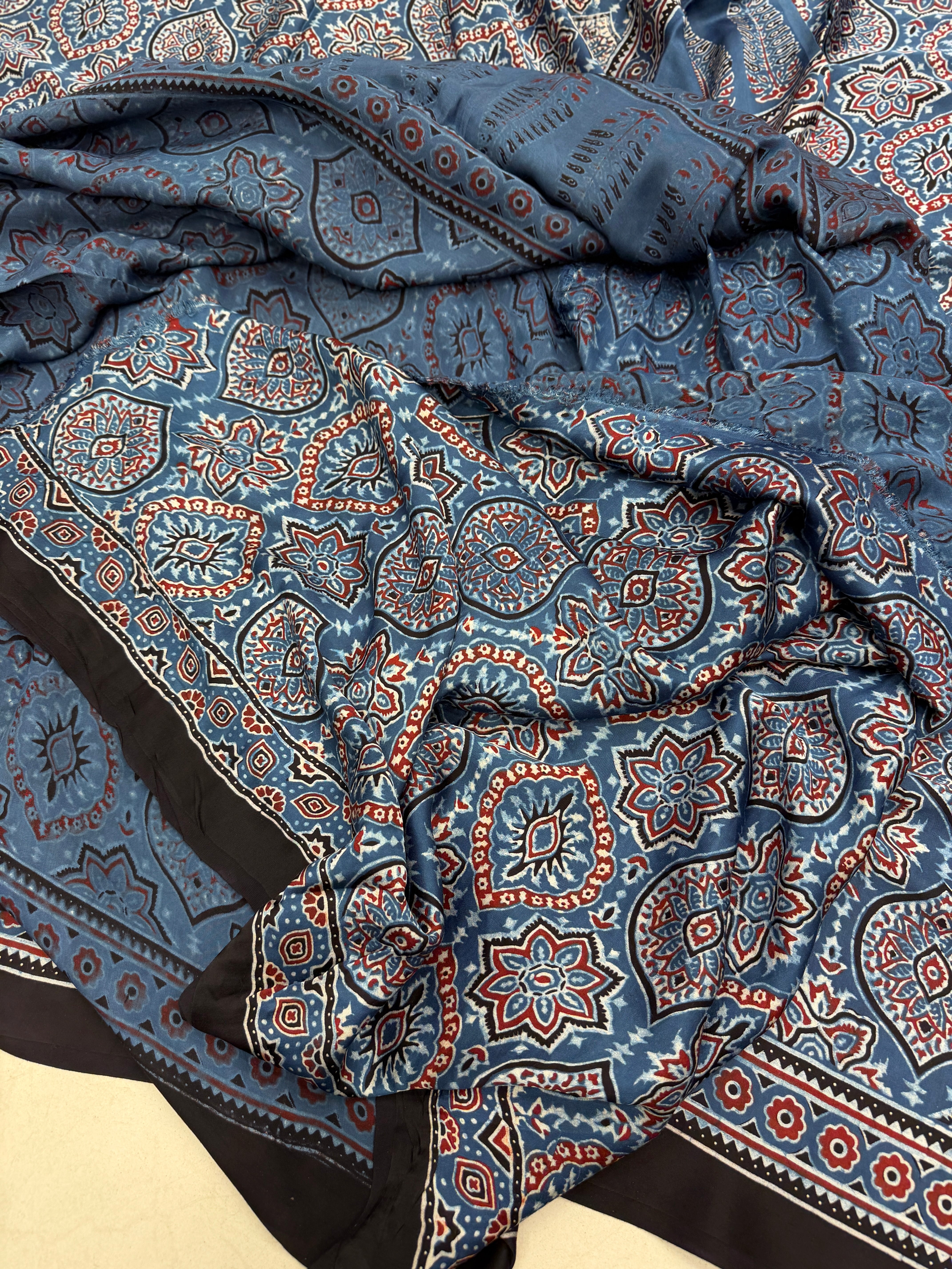 Blue Badam Ajrakh Hand Block Print Pure Gajji Silk Saree