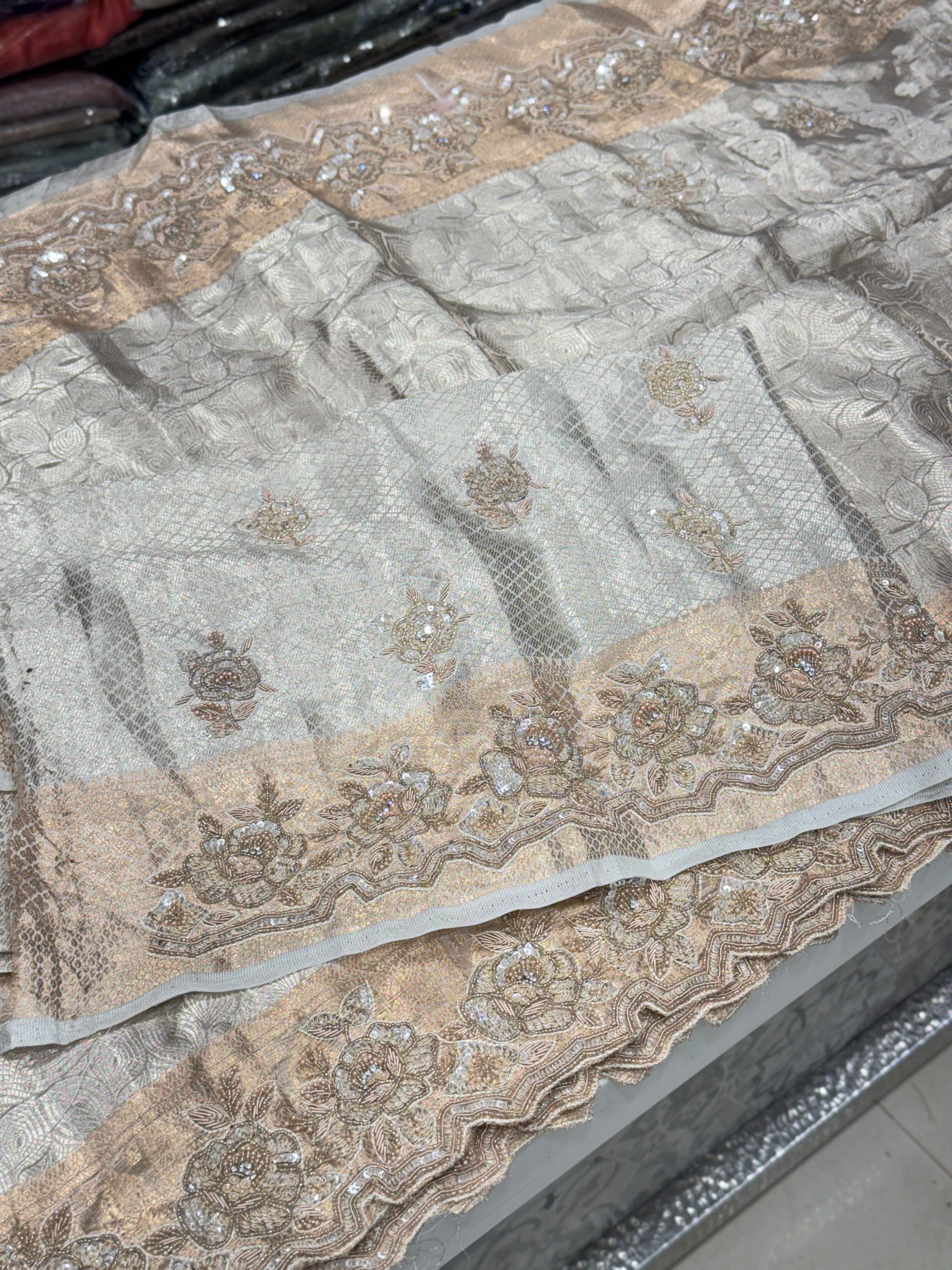 Silver Tissue Kanjivaram Hand Embroidery Contemporary Style Saree