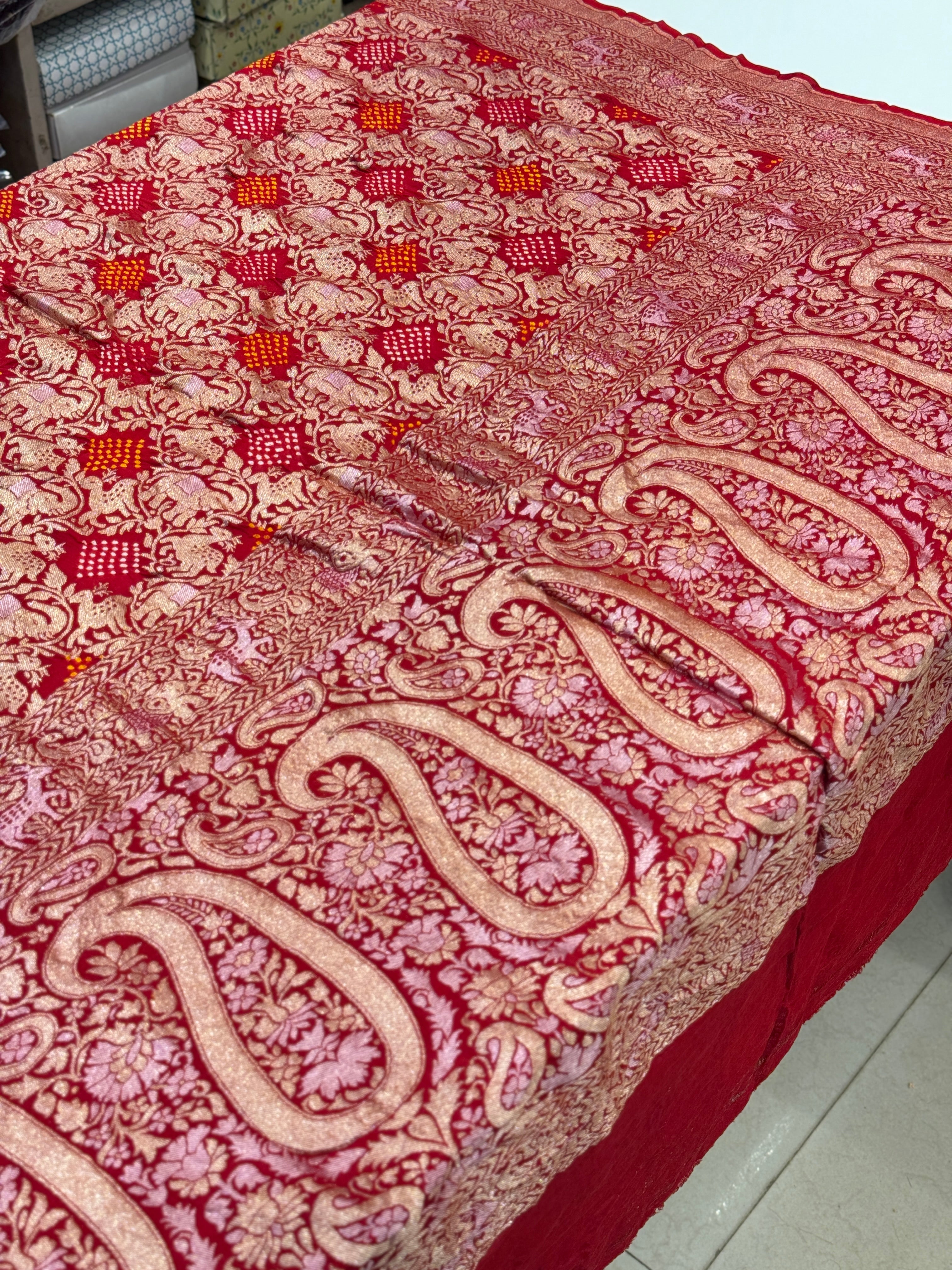 Red Kadwa Weave Bandhej Saree