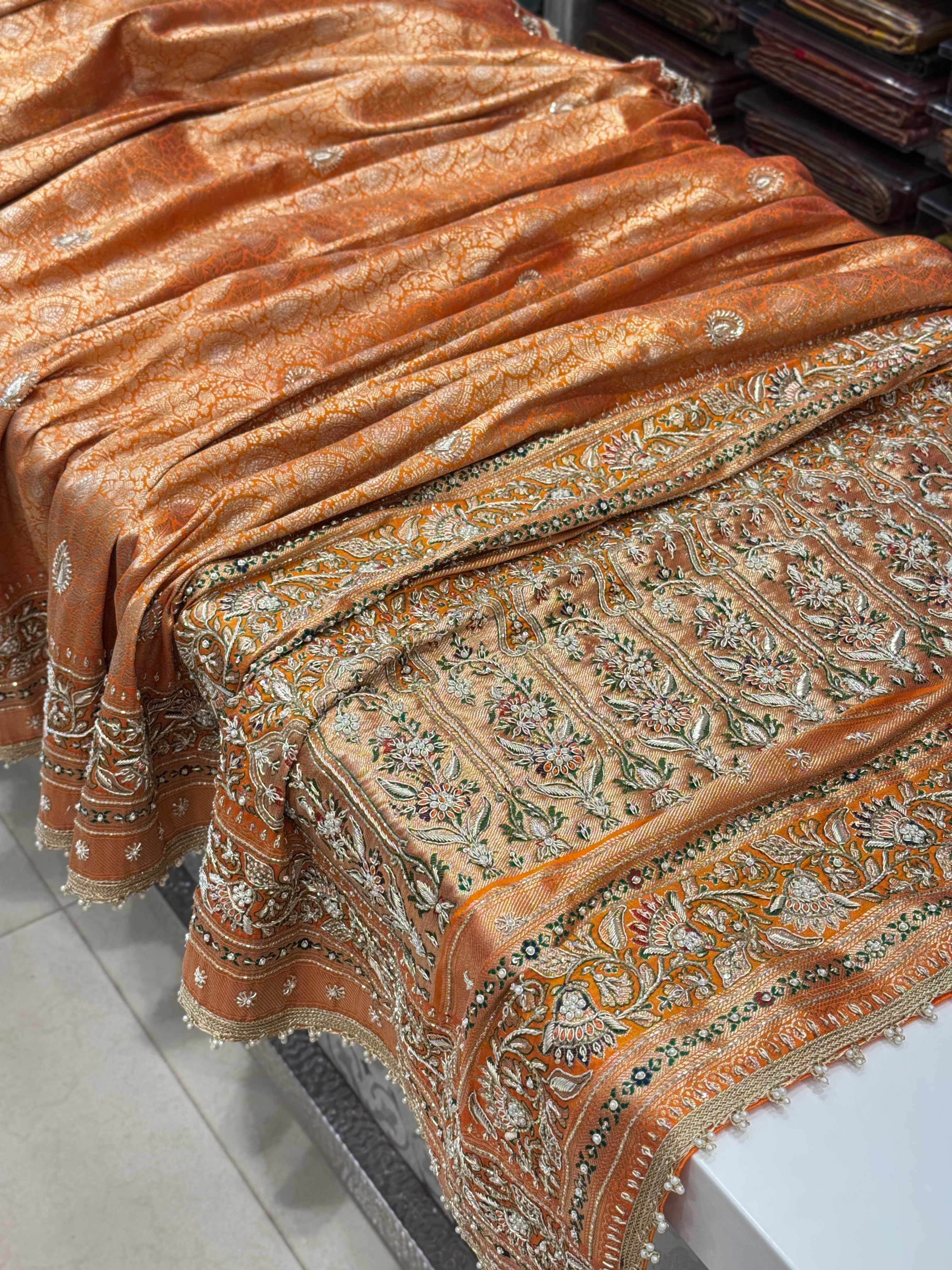 Orange Meenakari Banarasi Zardosi Hand Embroidery Saree