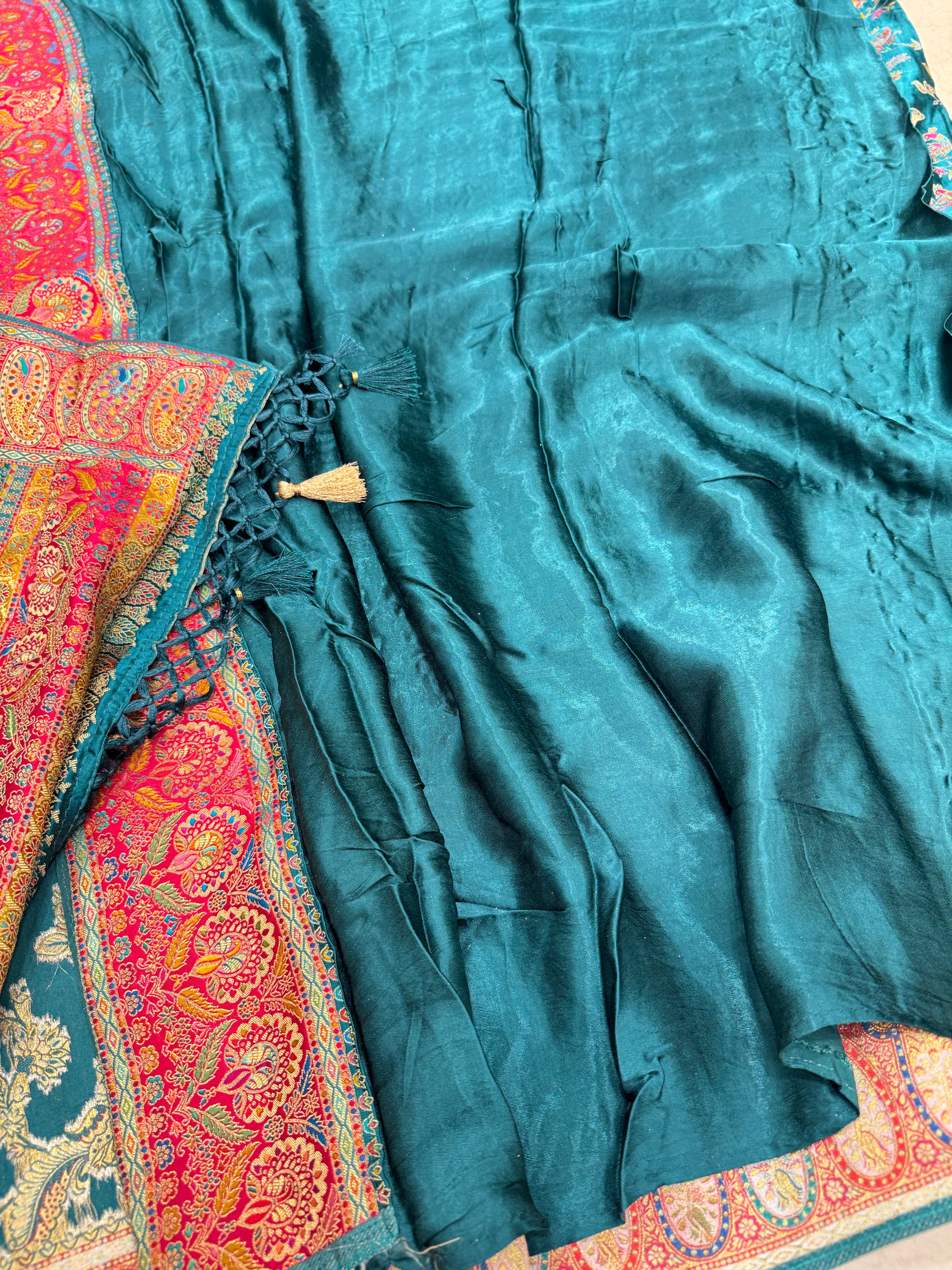 Rama Green Banarasi Modal Satin Pashmina Style Jaal Saree