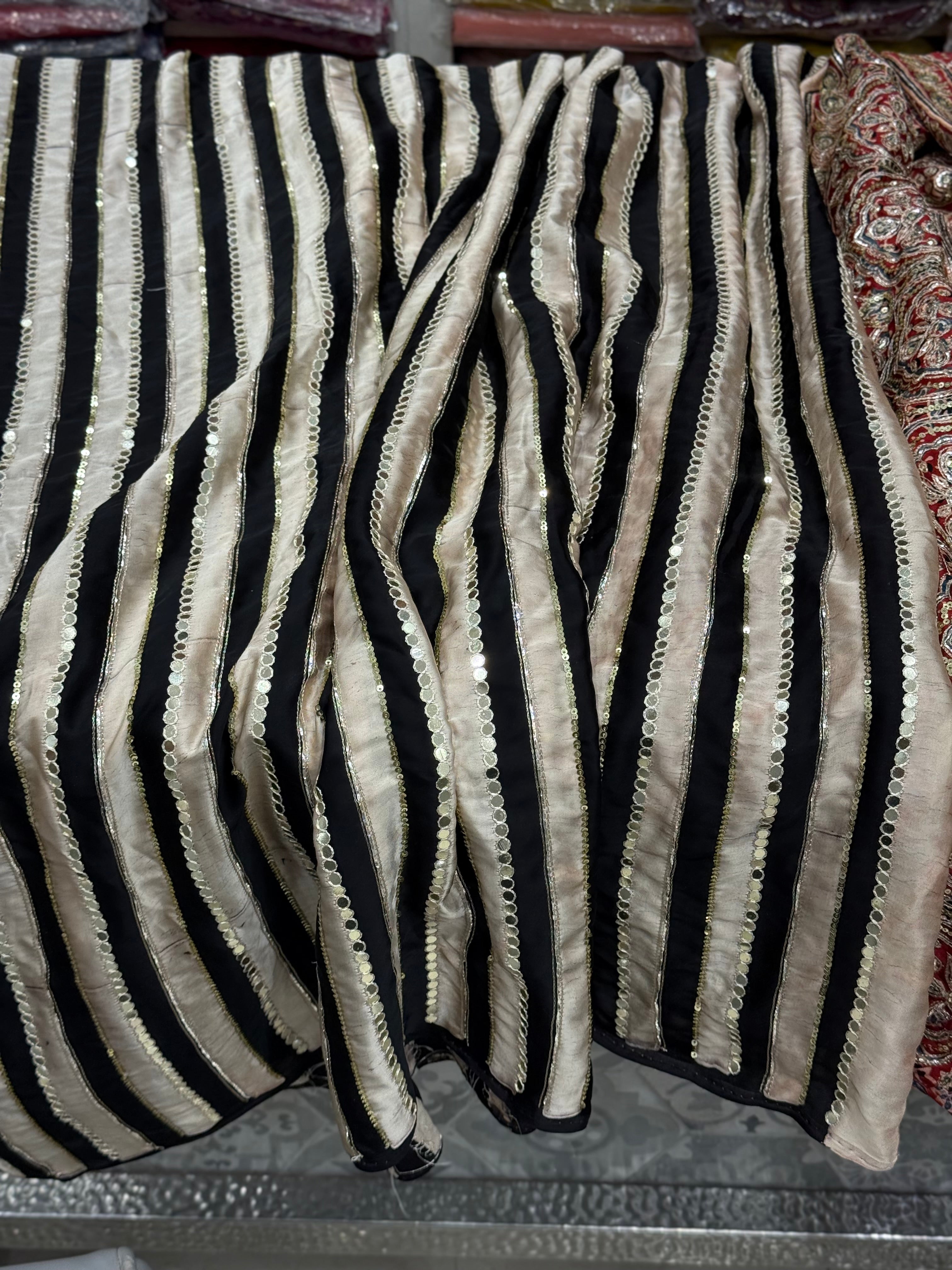 Black White Contemporary Mirror Ajrakh Hand Embroidery Saree