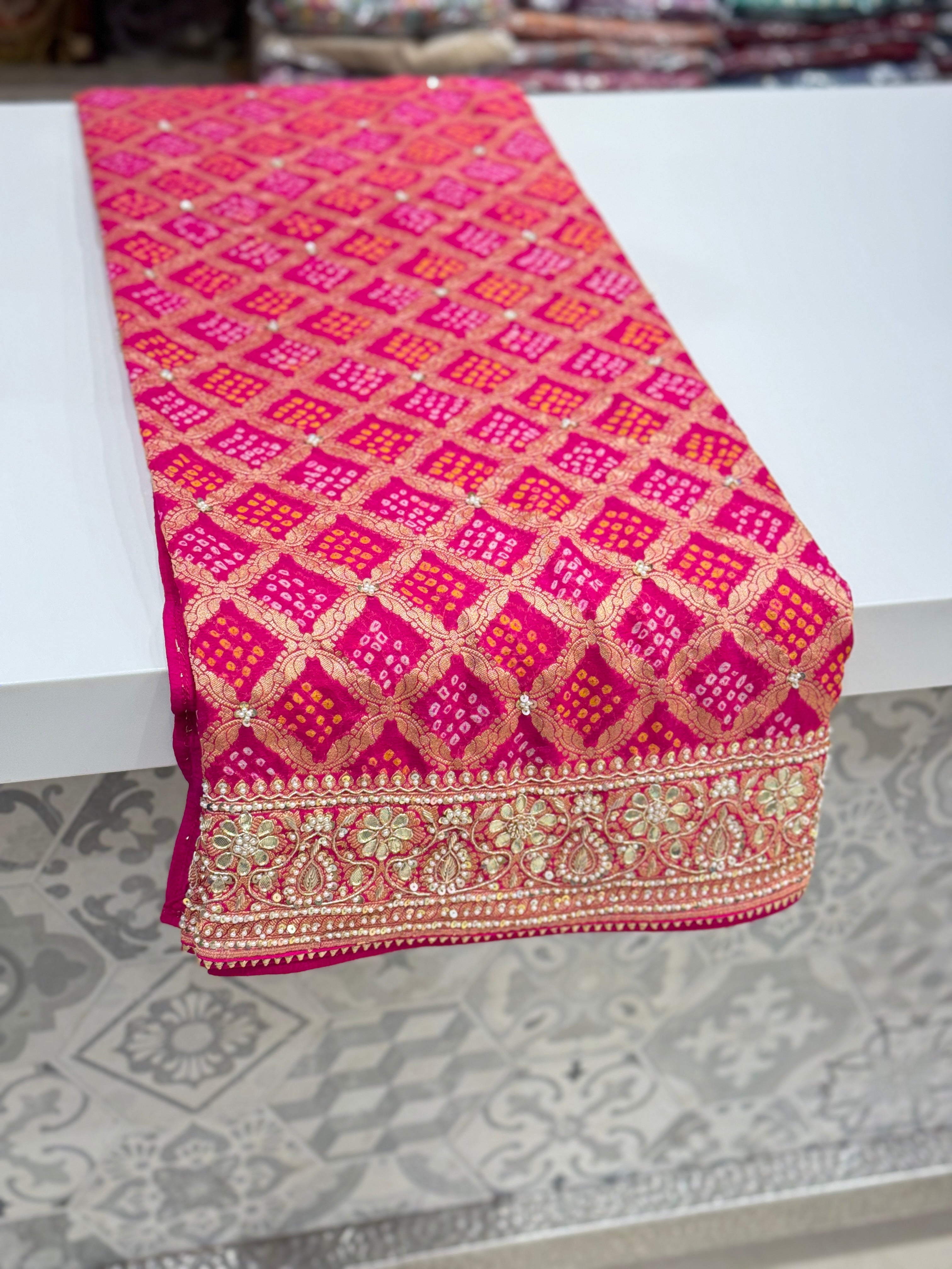 Rani Bandhej Zardosi Hand Embroidery Saree