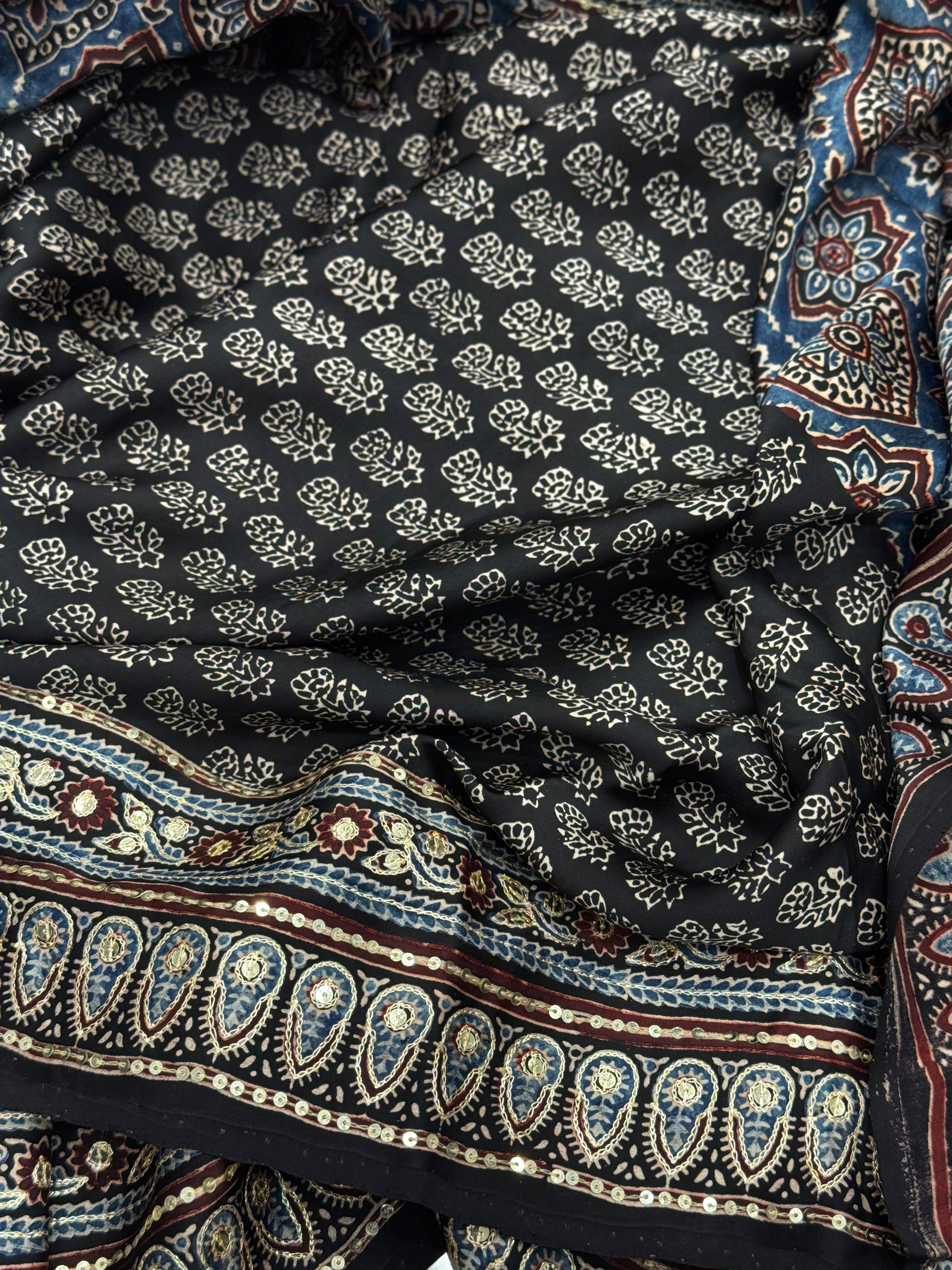 Blue Badam Jaal Pita Sequin Ajrakh Hand Embroidery Saree