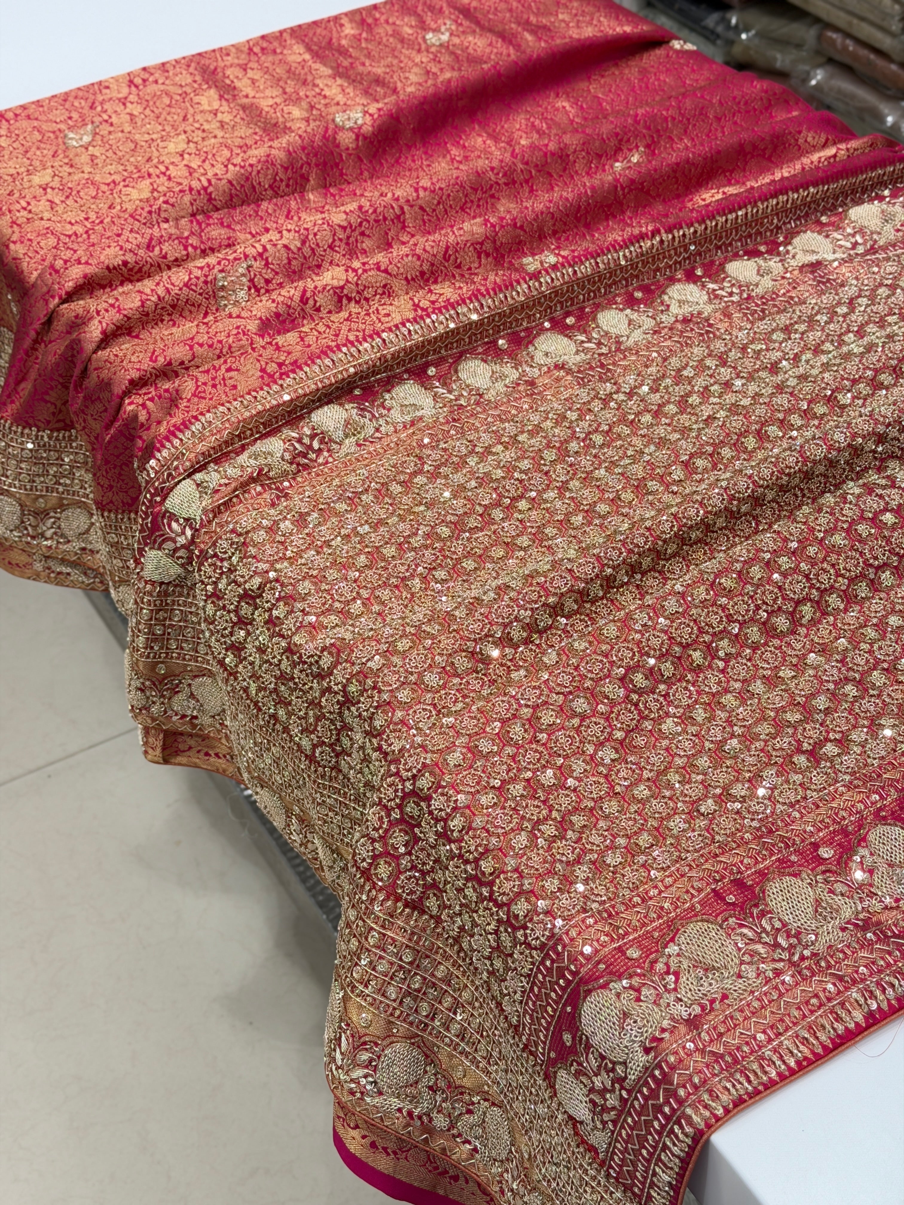 Rani Pink Kanjivaram Peacock Motif Zardosi Hand Embroidery Saree