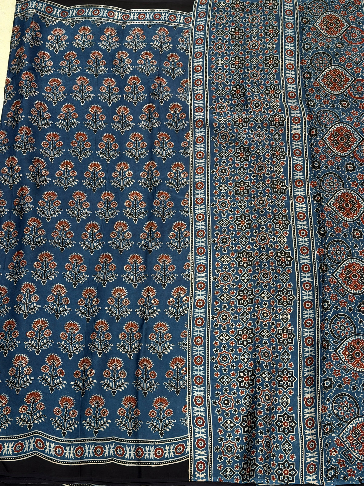 Blue Floral Butta Ajrakh Hand Block Print Pure Gajji Silk Saree