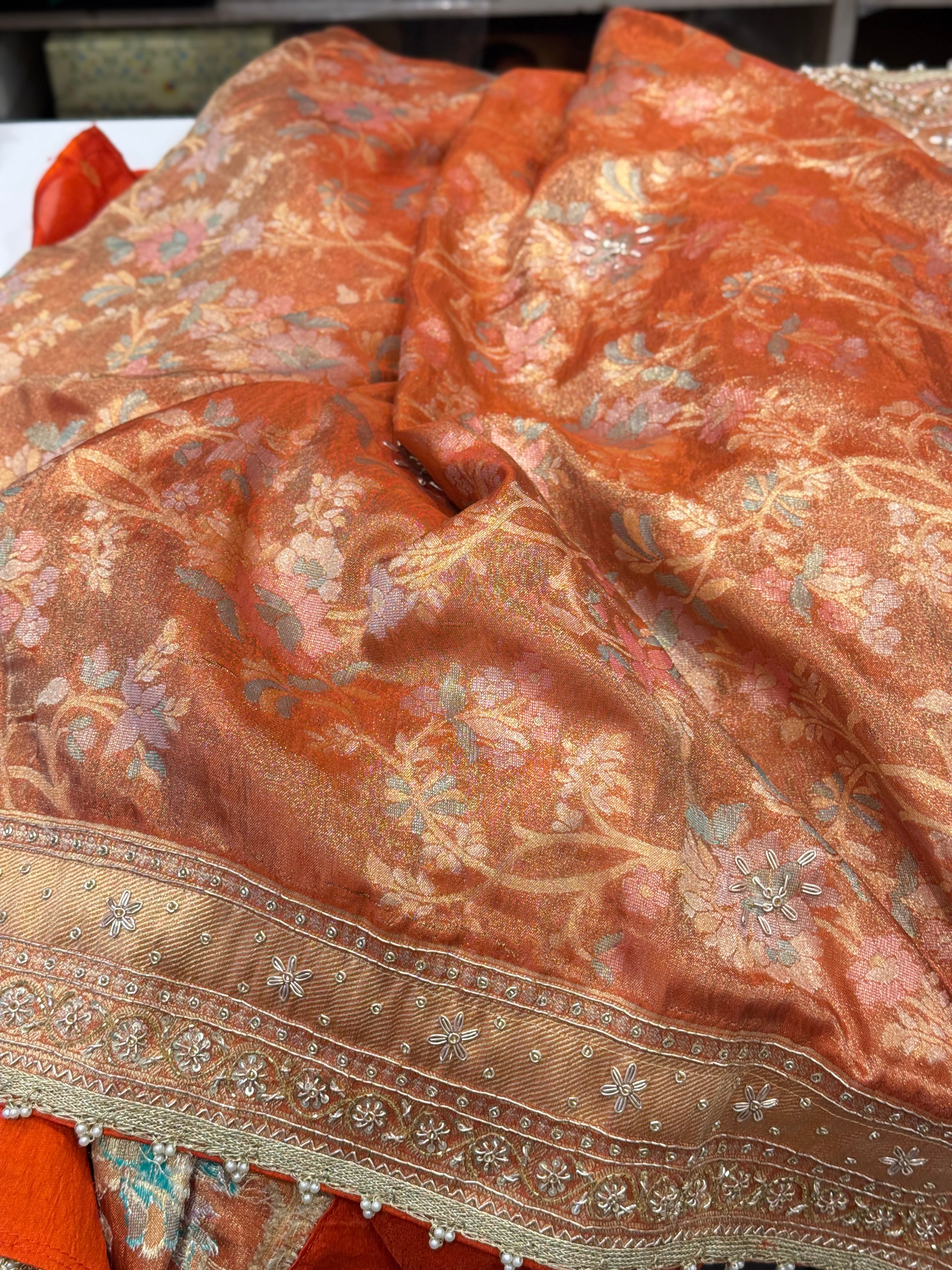 Rust Orange Meenakari Tissue Zardosi Embroidery Saree