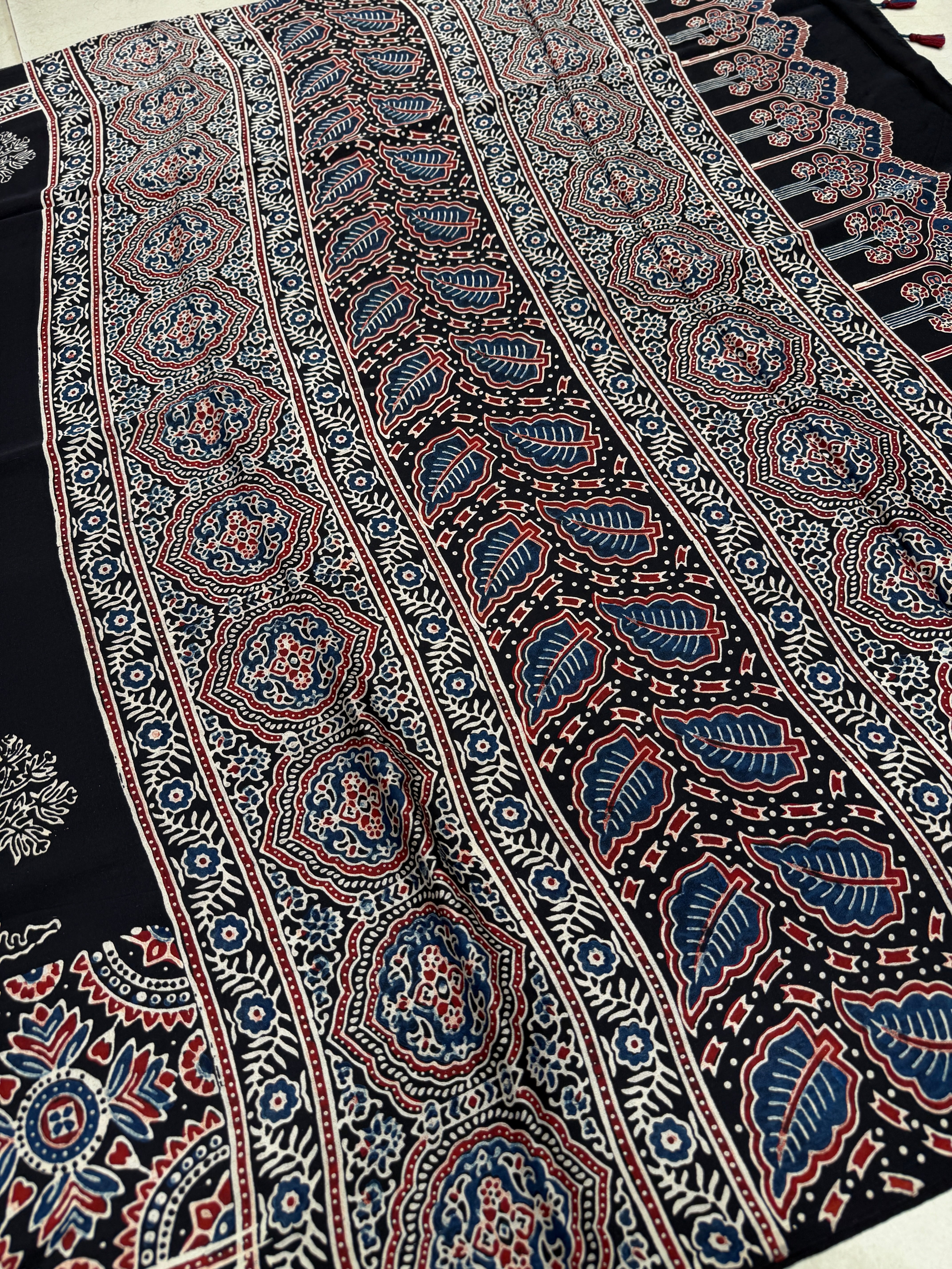 Black Contemporary Butta Ajrakh Hand Block Print Pure Modal Silk Saree