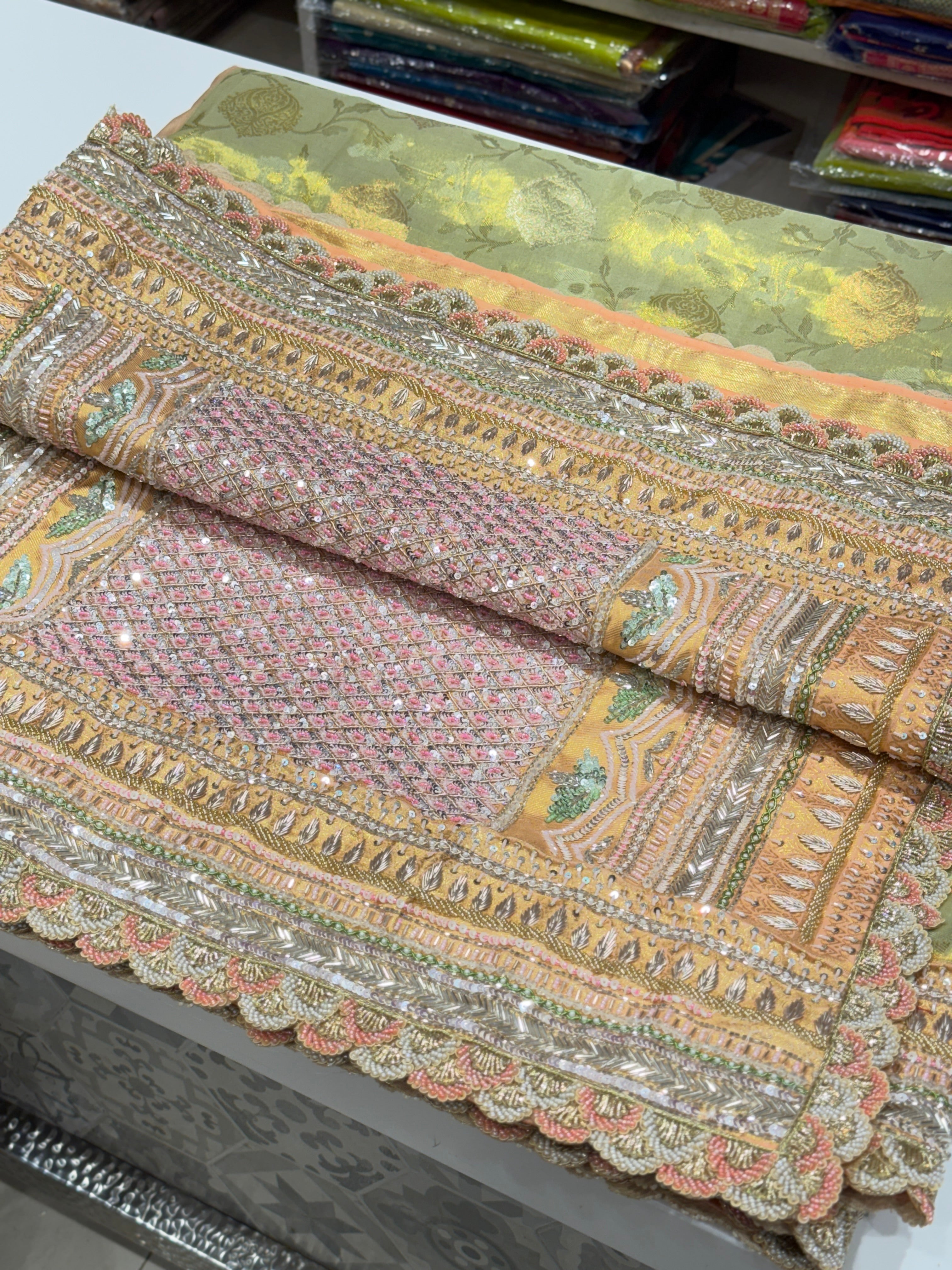 Green Peach Woven Kanjivaram Zardosi Hand Embroidery Saree