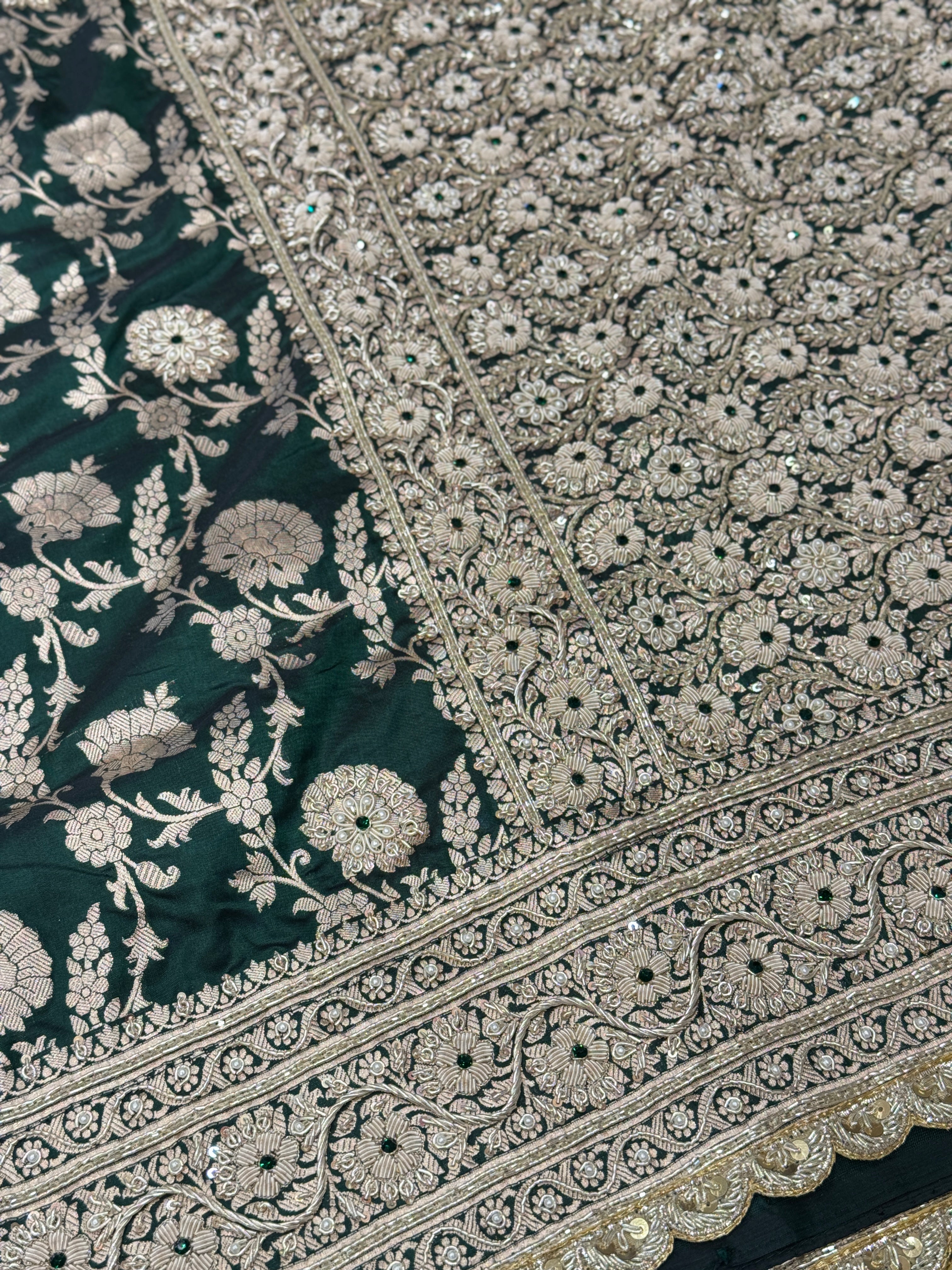 Bottle Green Handloom Banarasi Katan Jaal Zardosi Embroidery Saree