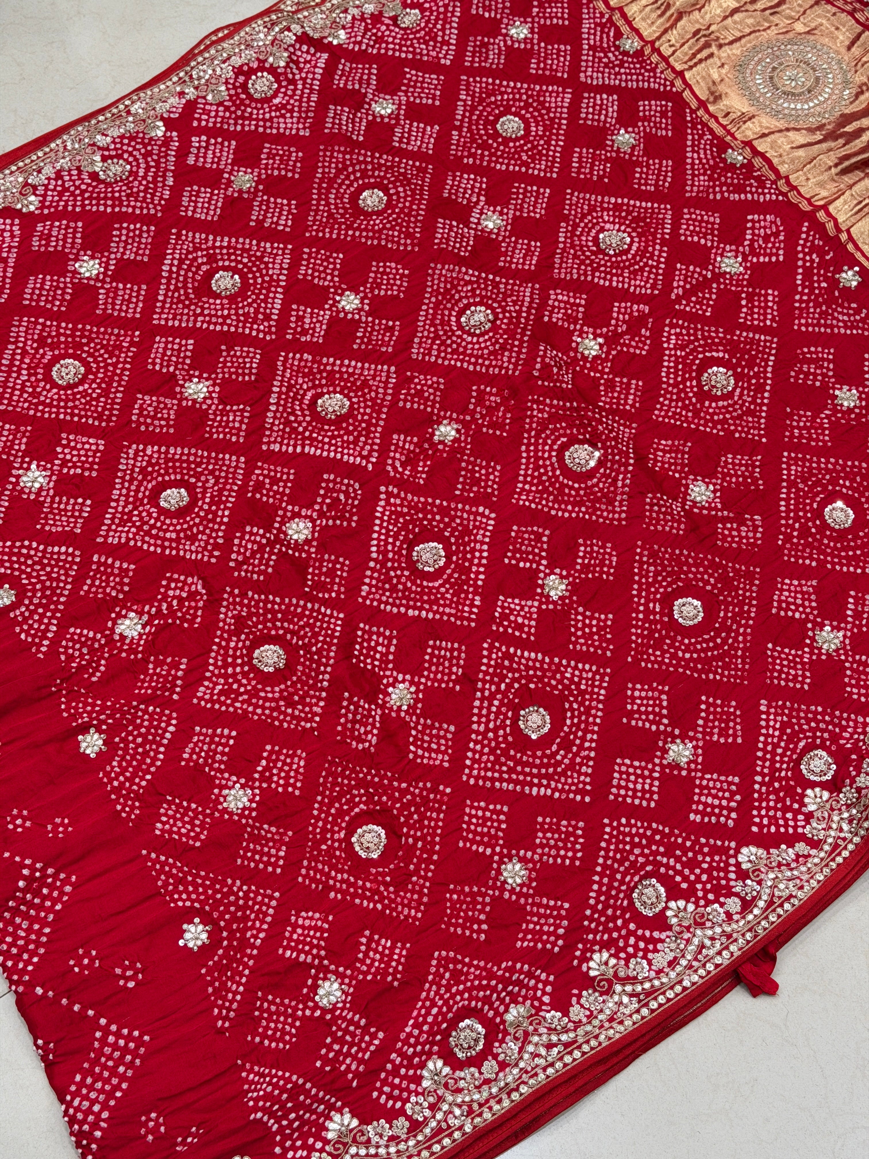 Red Gajji Silk Bandhej Hand Done Gotapatti Saree