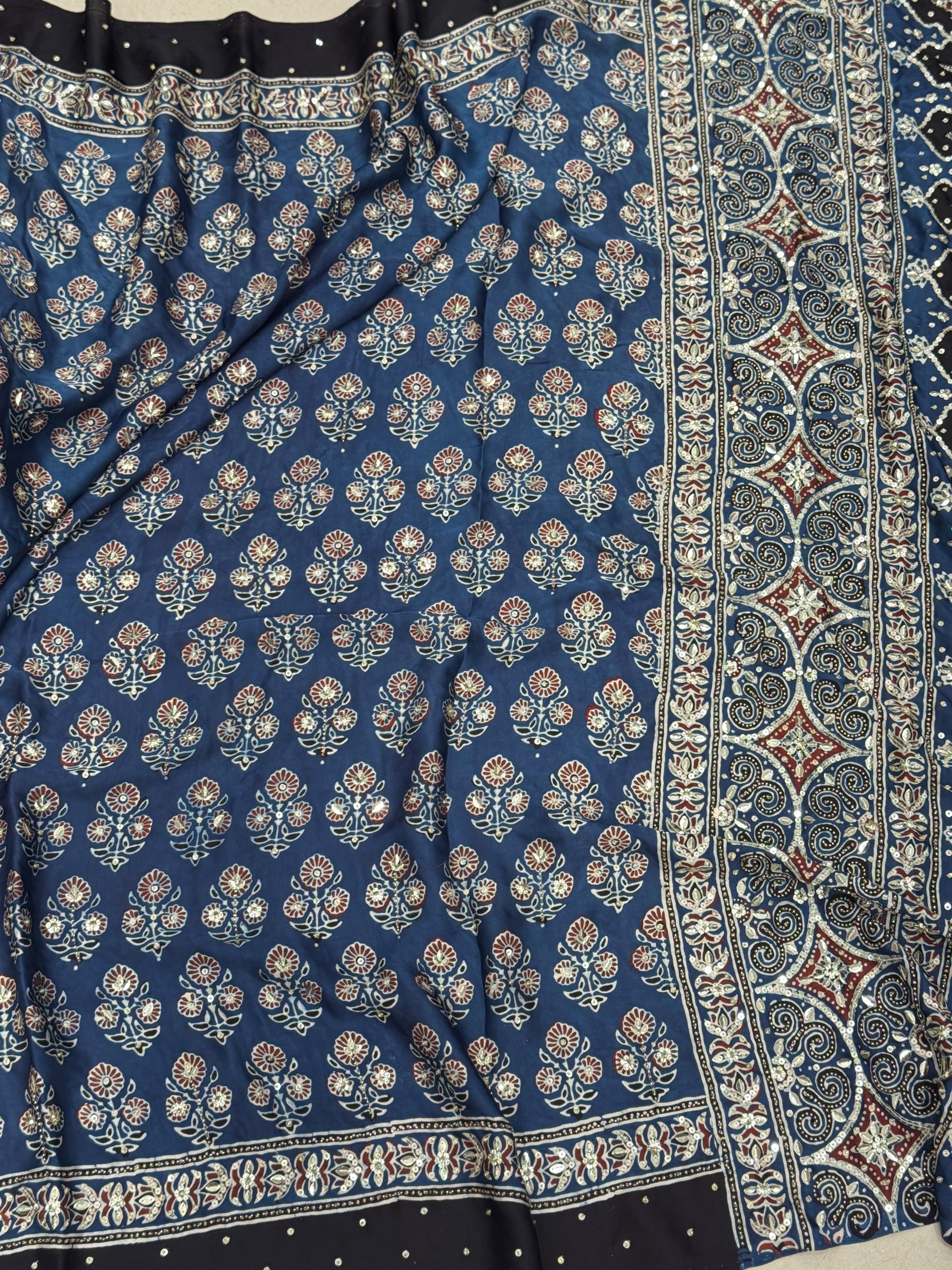 Blue Teen Buttis Ajrakh Hand Embroidery Saree