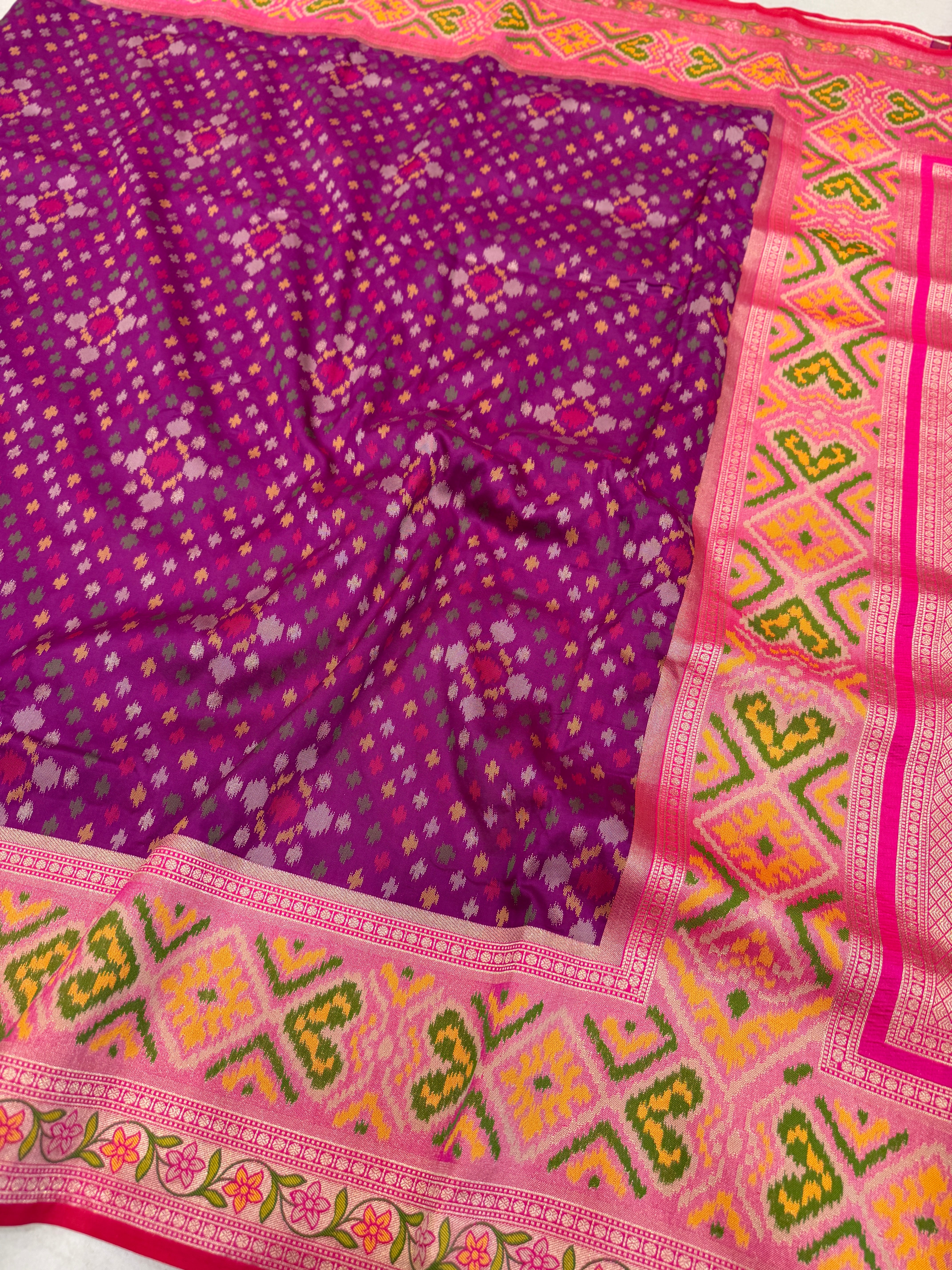 Wine Ikat Patola Banarasi Weaved Small Jaal Saree