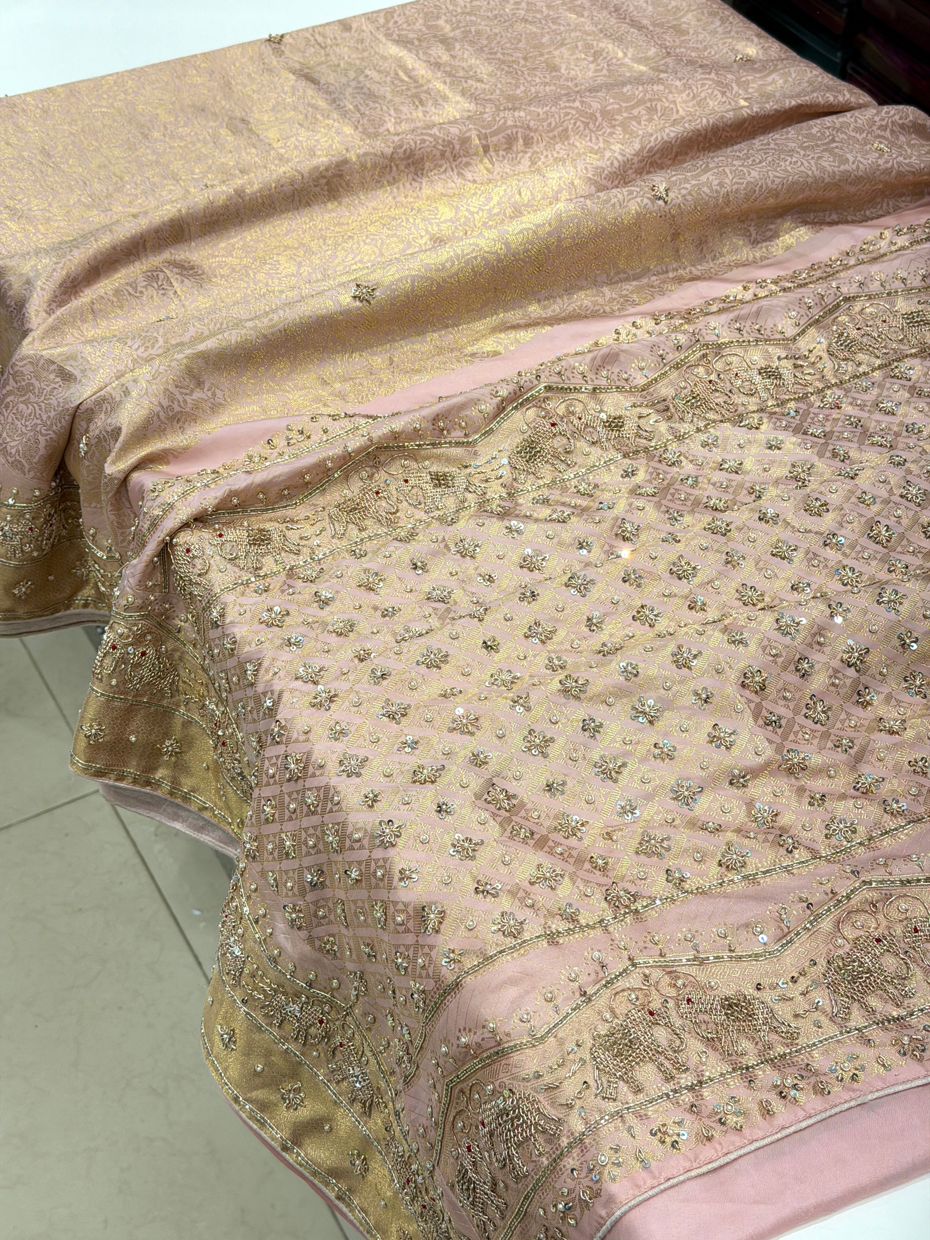 Light Pink Kanjivaram Elephant Motif Jaal Zardozi Hand Embroidery Saree
