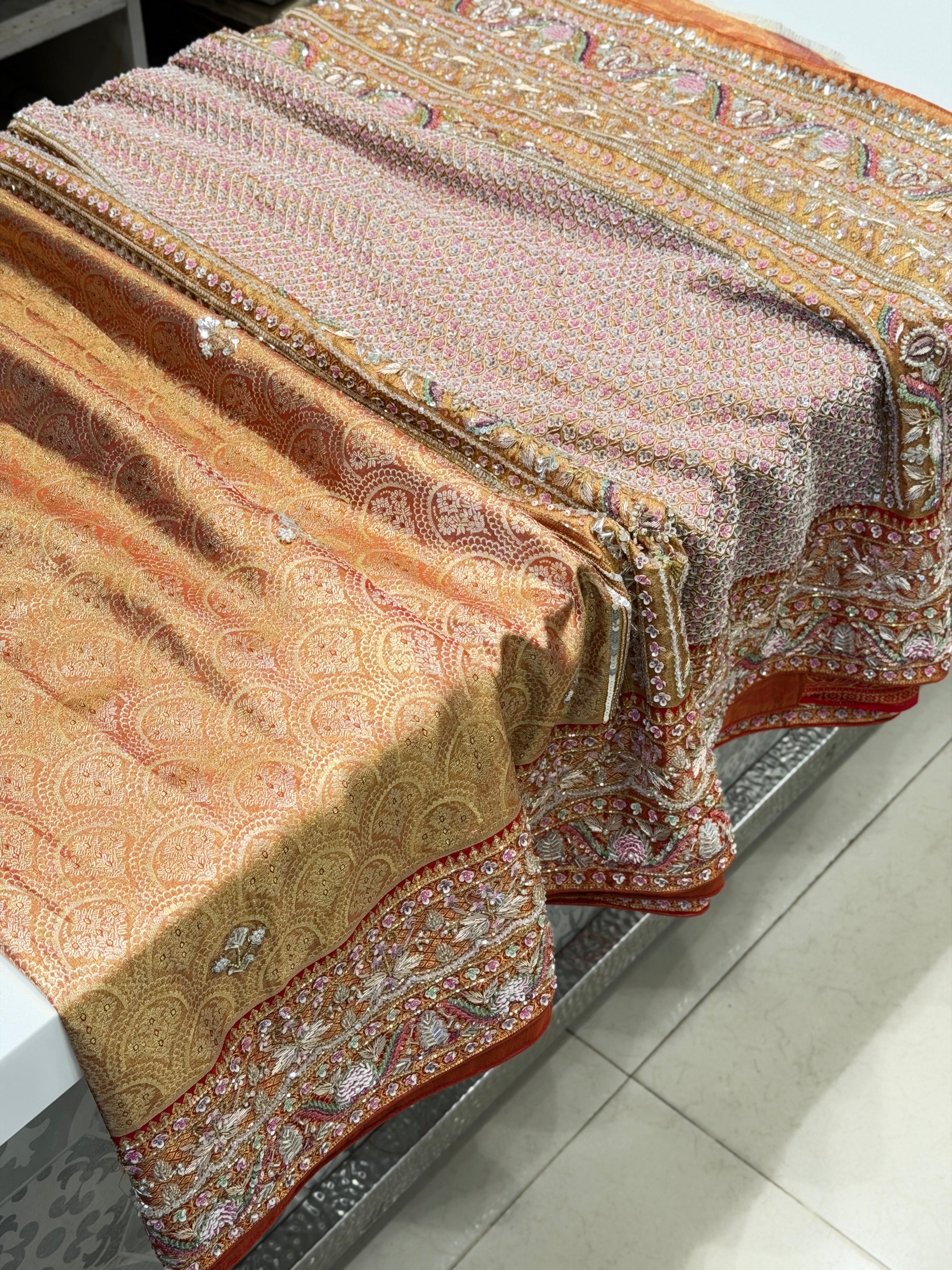 Red Jaal Tissue Kanjivaram Hand Embroidery Saree