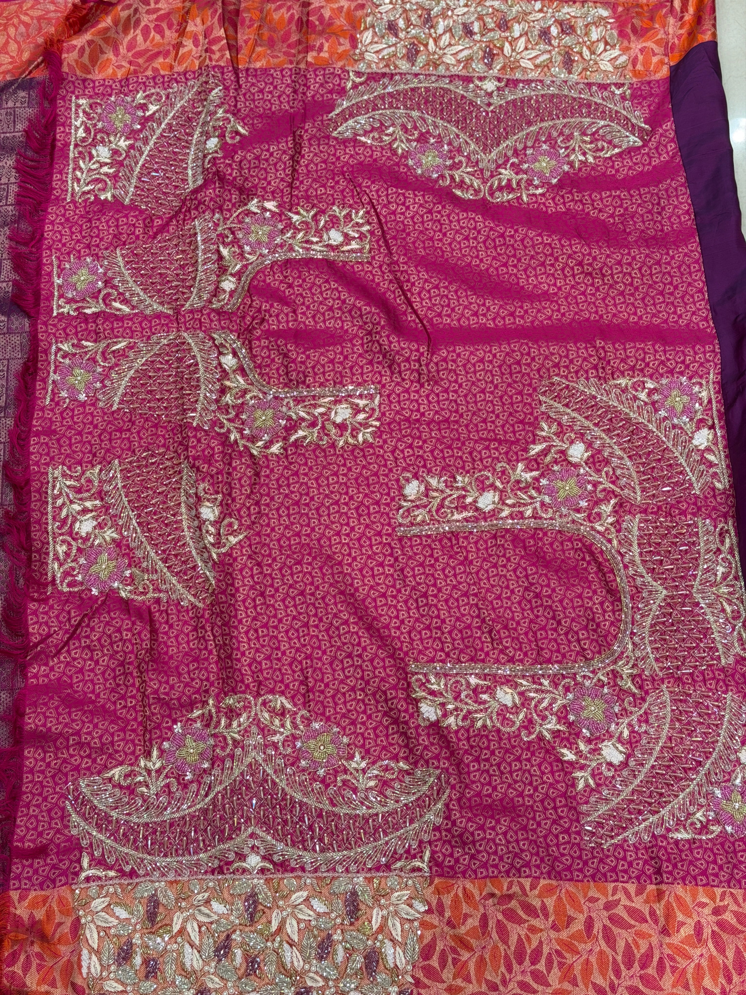 Violet Orange Kanjivaram Zardosi Moti Hand Embroidery Saree with Heavy Blouse