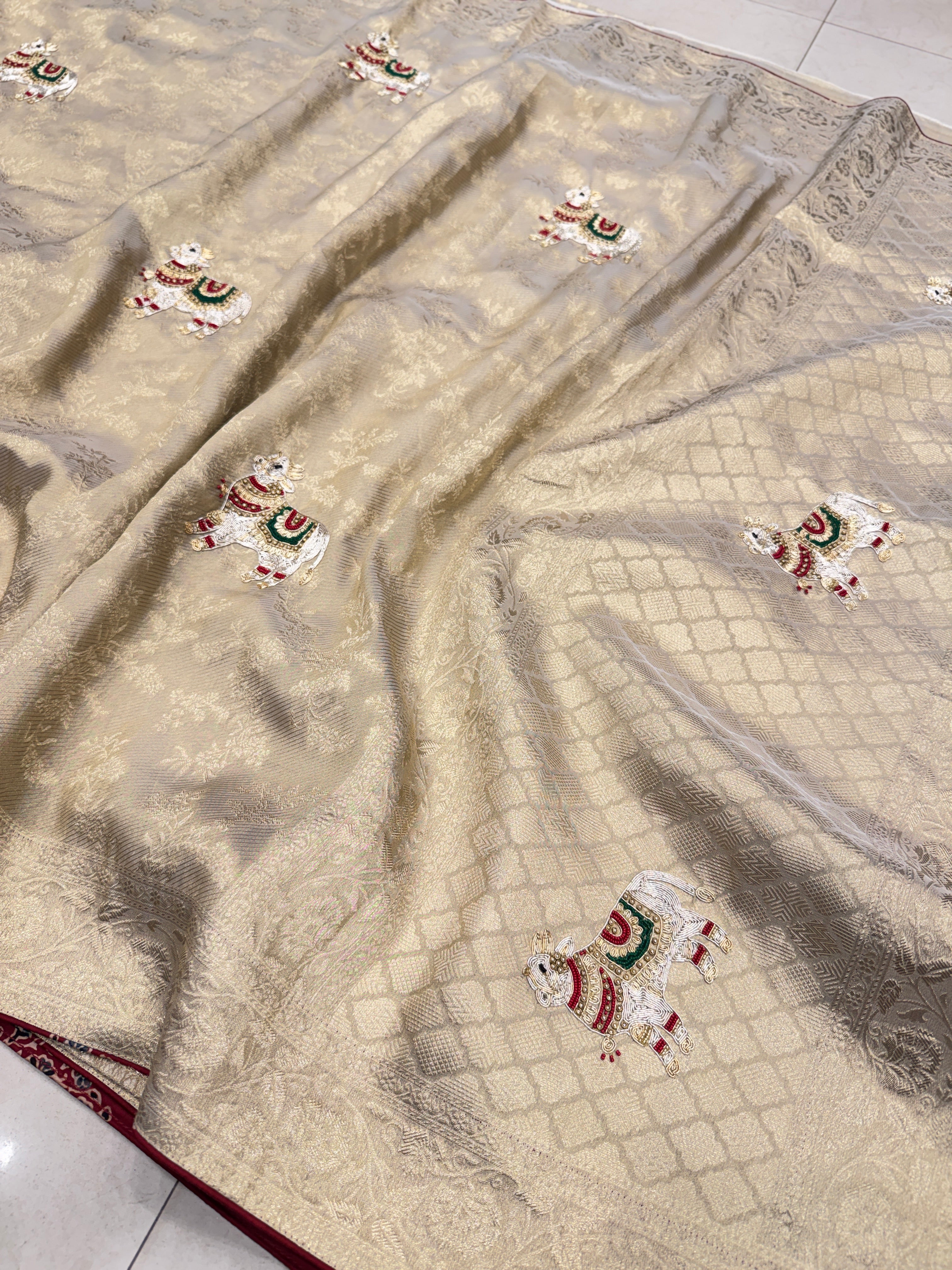 Golden Soft Tissue Zardosi Moti Hand Embroidery Nandi Motif Saree