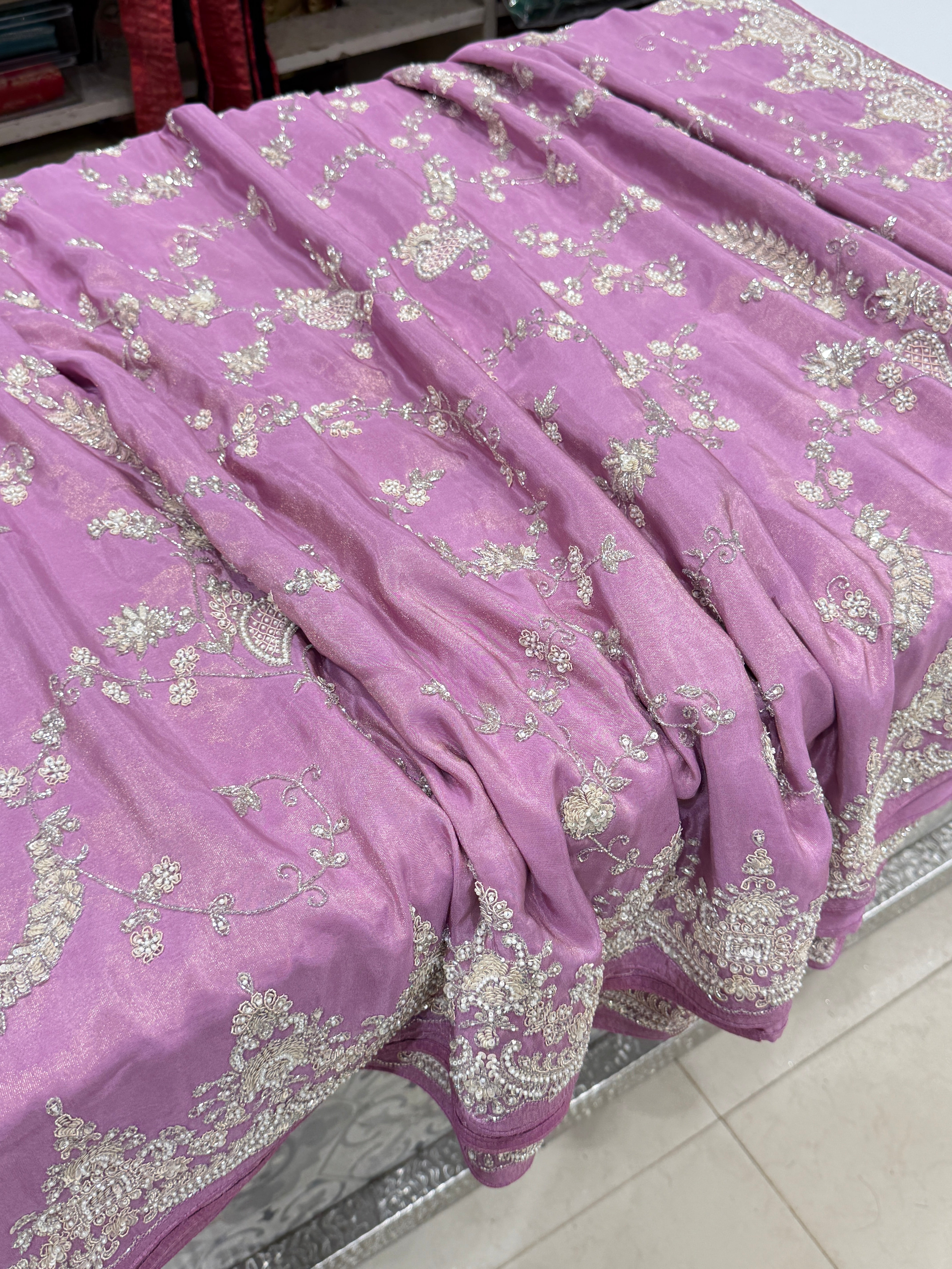 Lilac Crepe Tissue Cutana Moti Jaal Hand Embroidery Saree