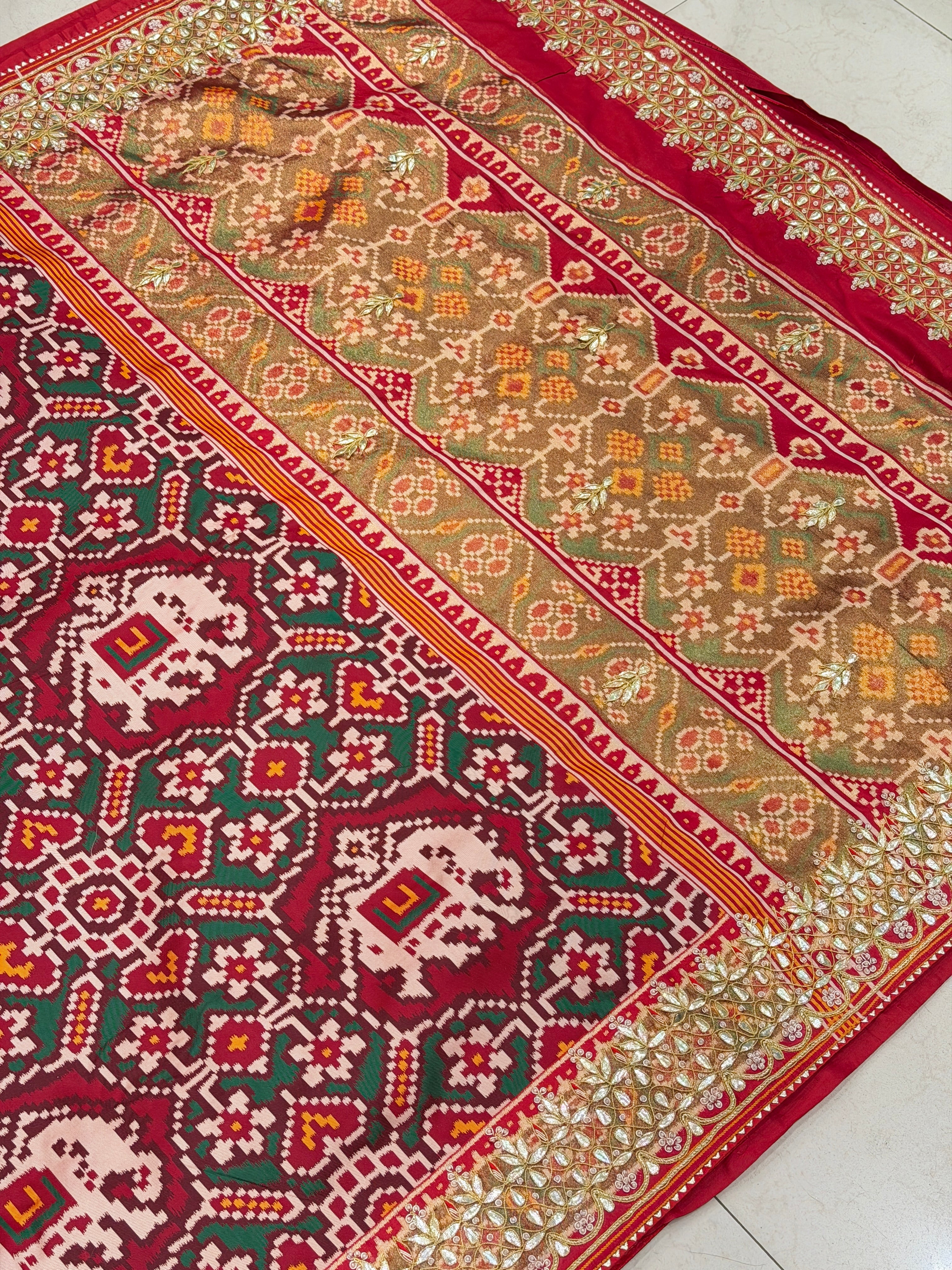 Maroon Green Chabdi Elephant Gotapatti Hand Embroidery Saree