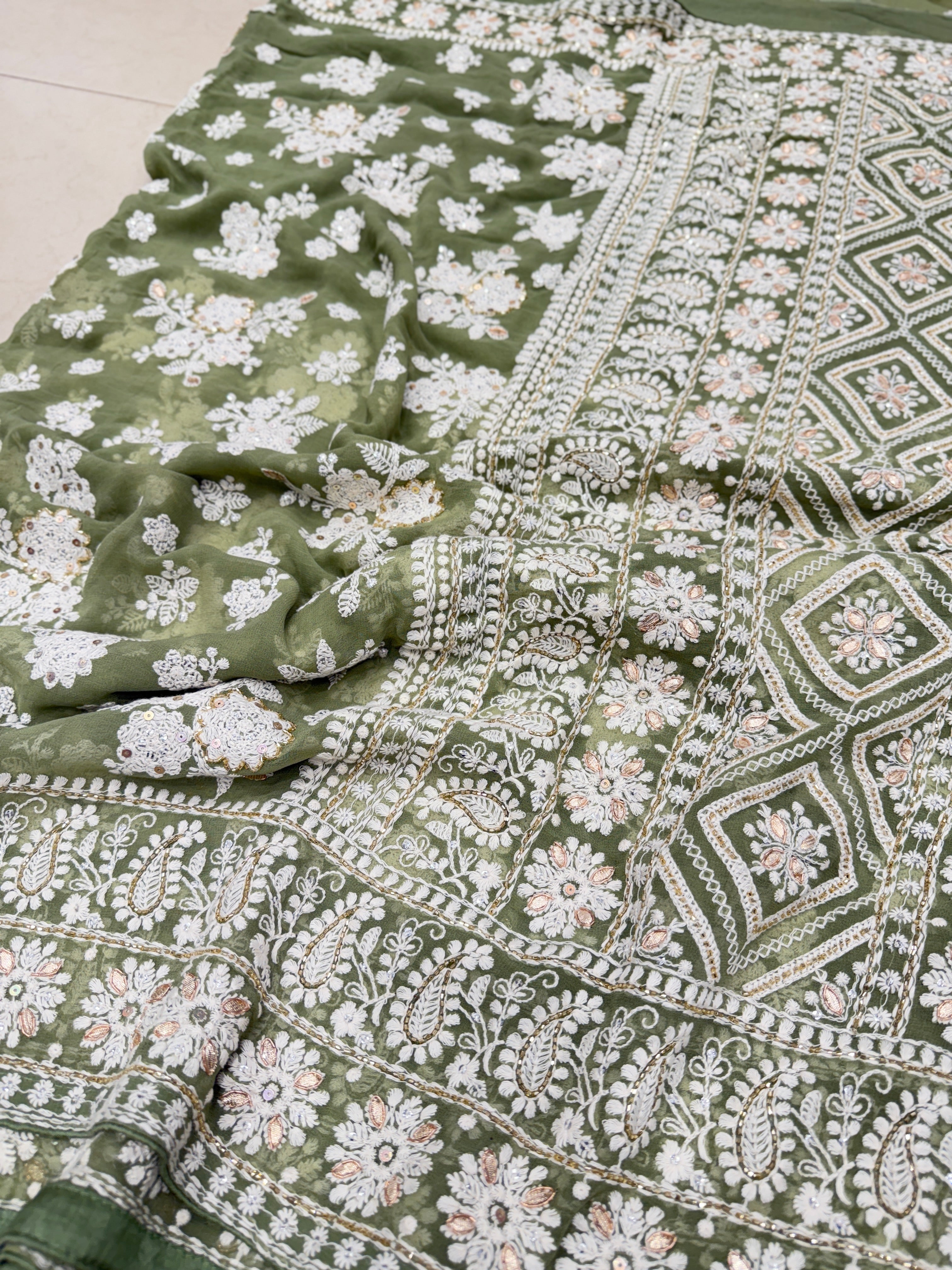 Green Butta Chikankari on Georgette with Cutdana Hand Embroidery