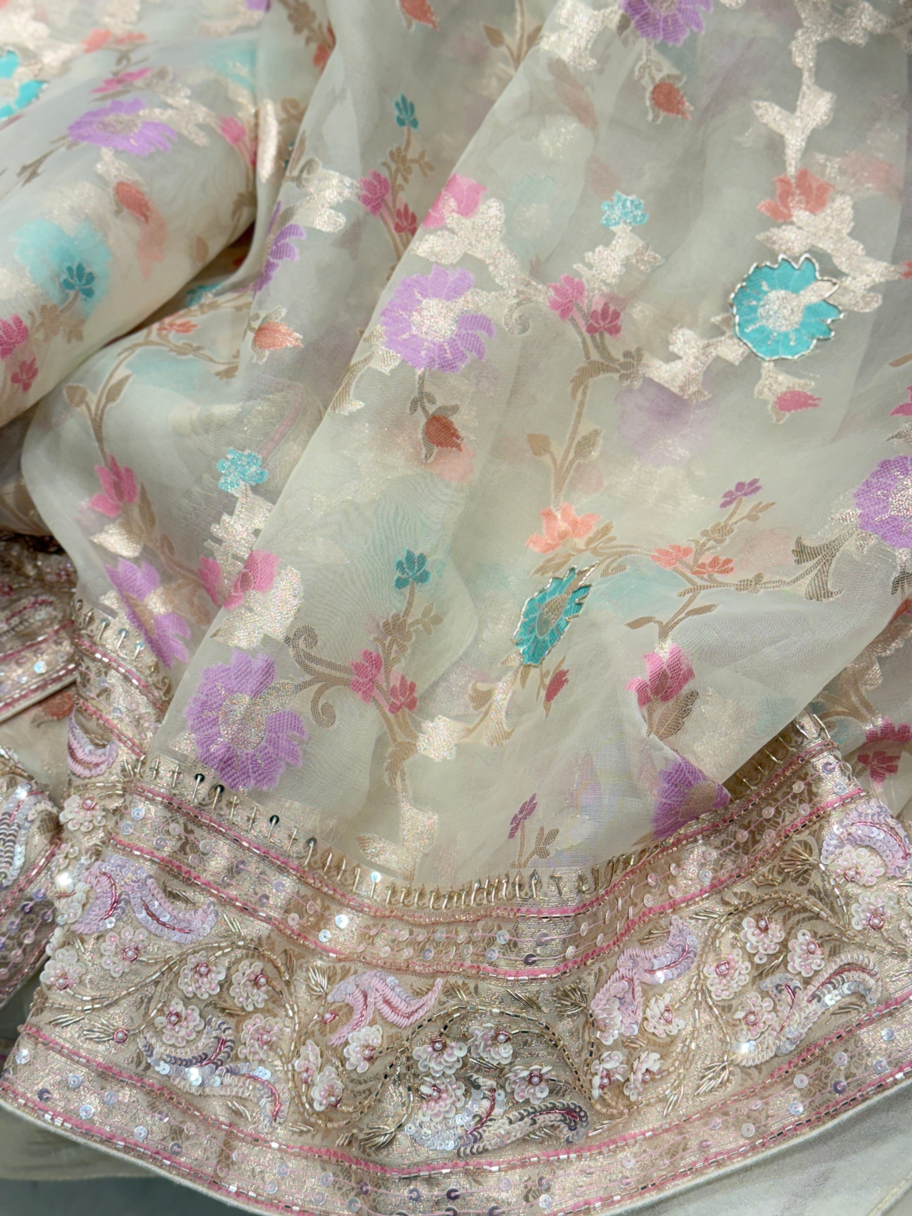 Beige Meenakari Banarasi Kora Sequin Zardosi Hand Embroidery Saree