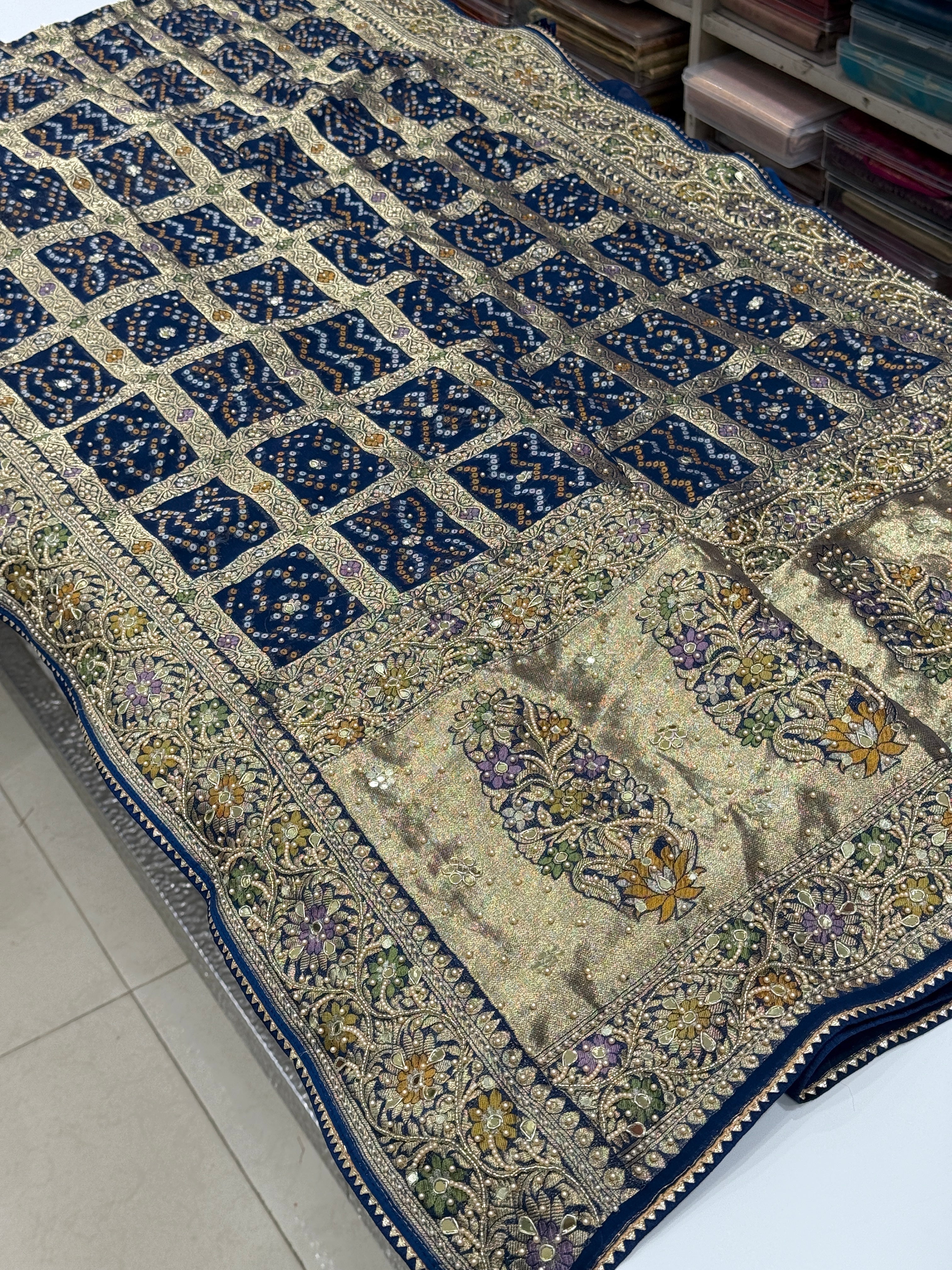 Blue Gharchola Meenakari Moti Hand Embroidery Saree
