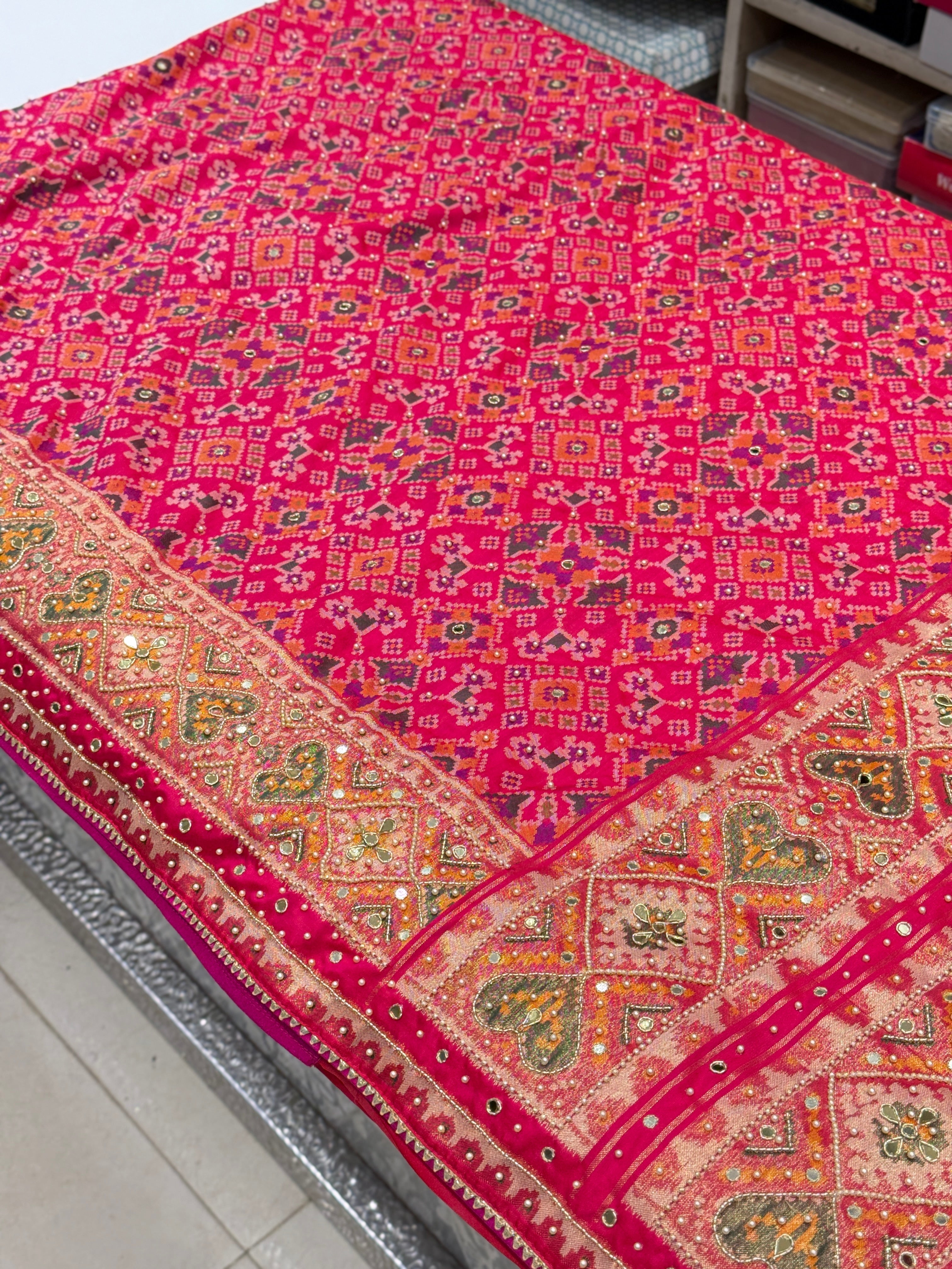 Rani Patola Moti Kutchi Embroidered Saree